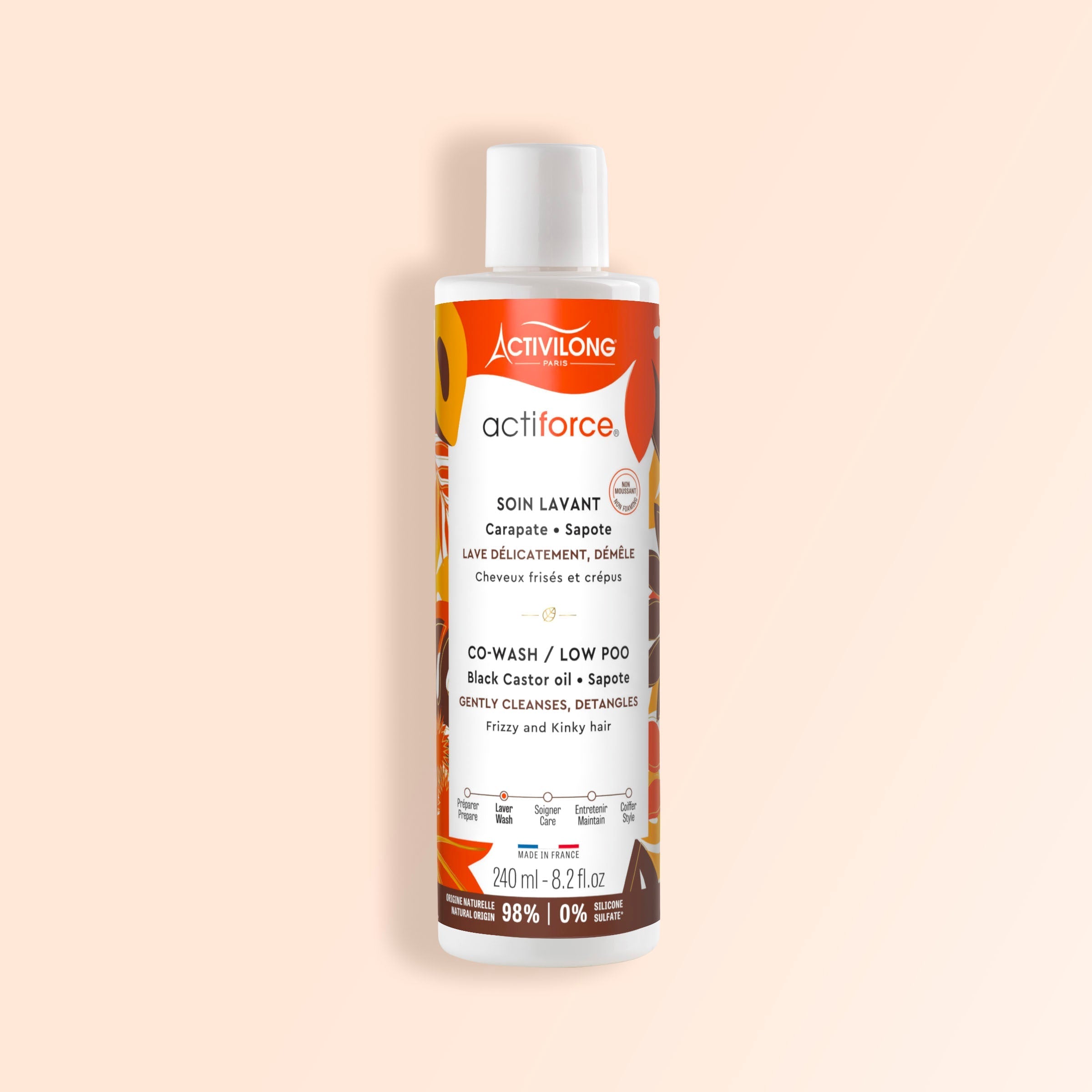 Bottle of ACTIVILONG ACTIFORCE Co-wash 240ml by Afro Beauty Store on a beige background