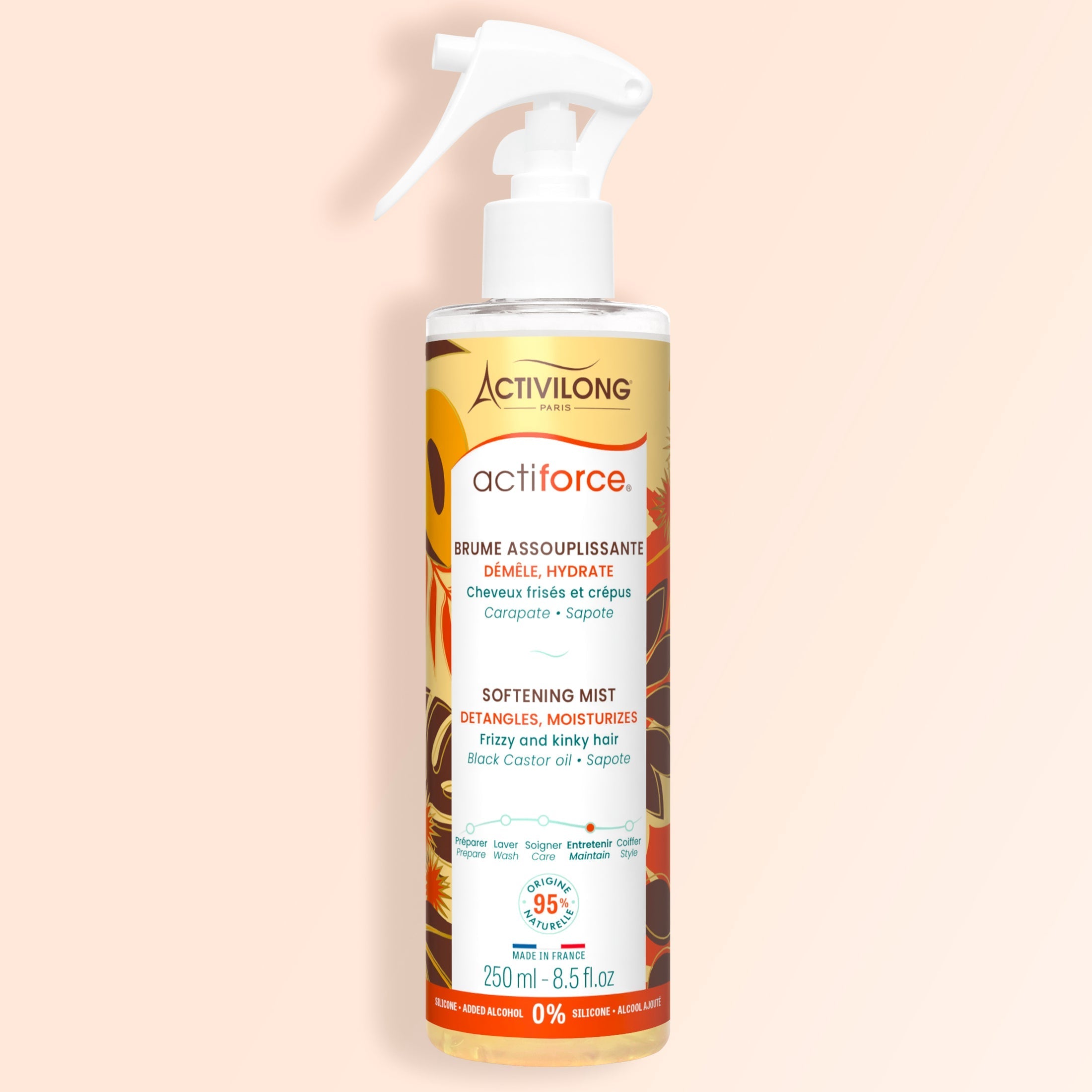 ACTIVILONG ACTIFORCE Brume 250ml softening mist bottle by Afro Beauty Store on a beige background