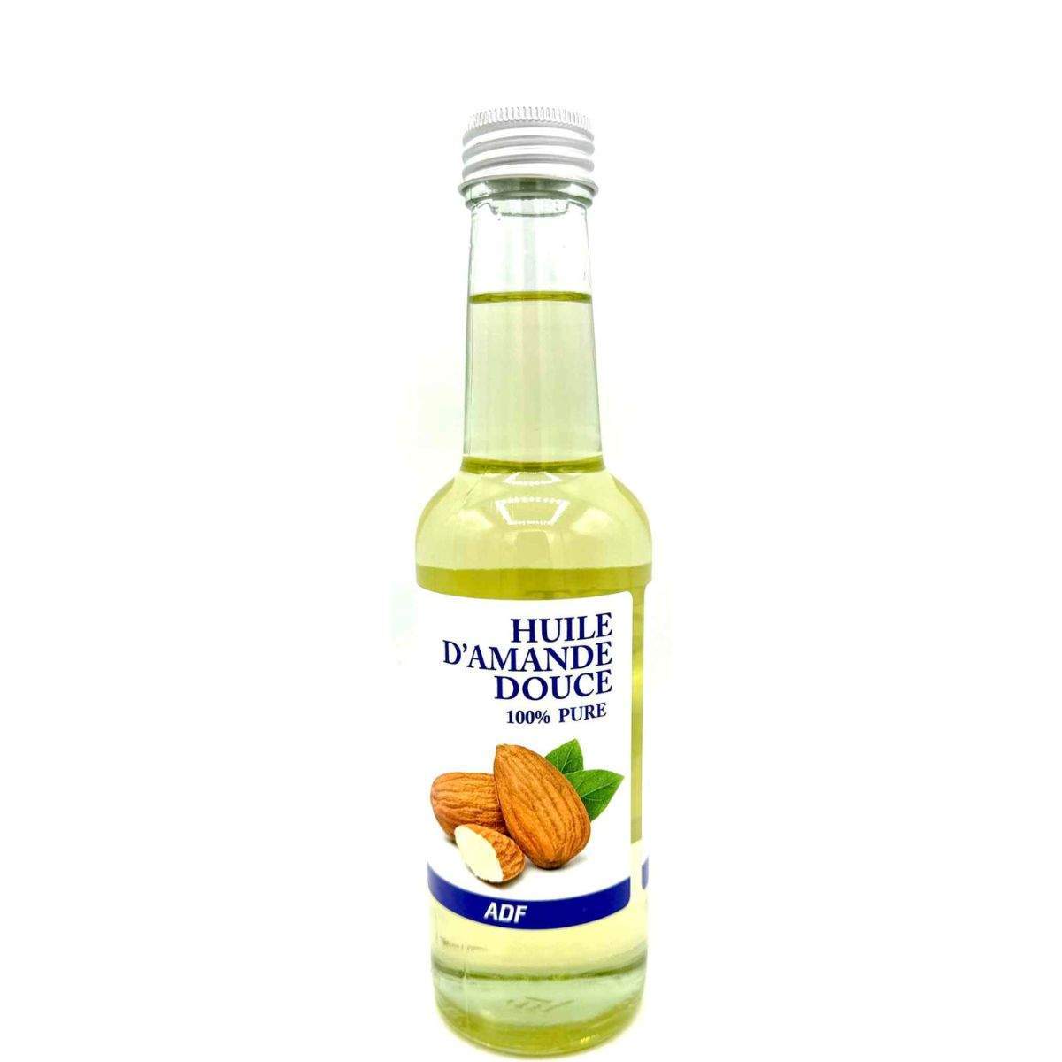 Bottle of ADF almond oil with a label on a white background by Afro Beauty Store