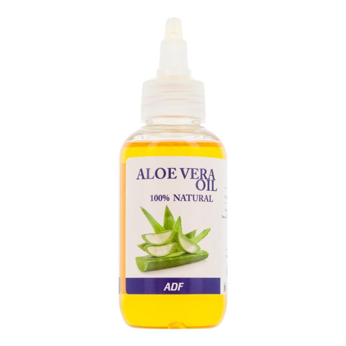 Bottle of ADF Aloe Vera oil with a white label on a white background by Afro Beauty Store