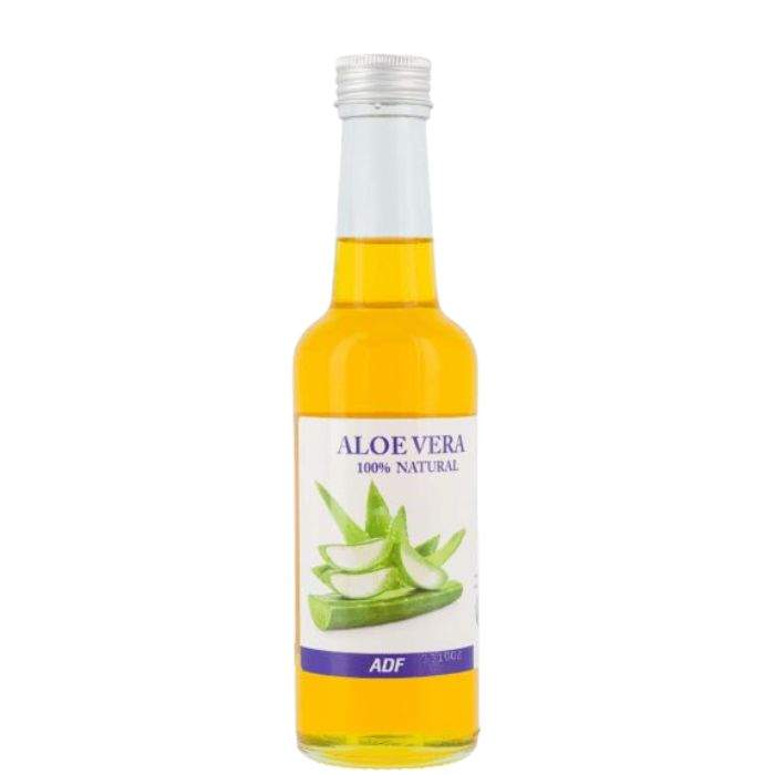 Bottle of ADF Aloe Vera oil with a white label on a white background by Afro Beauty Store