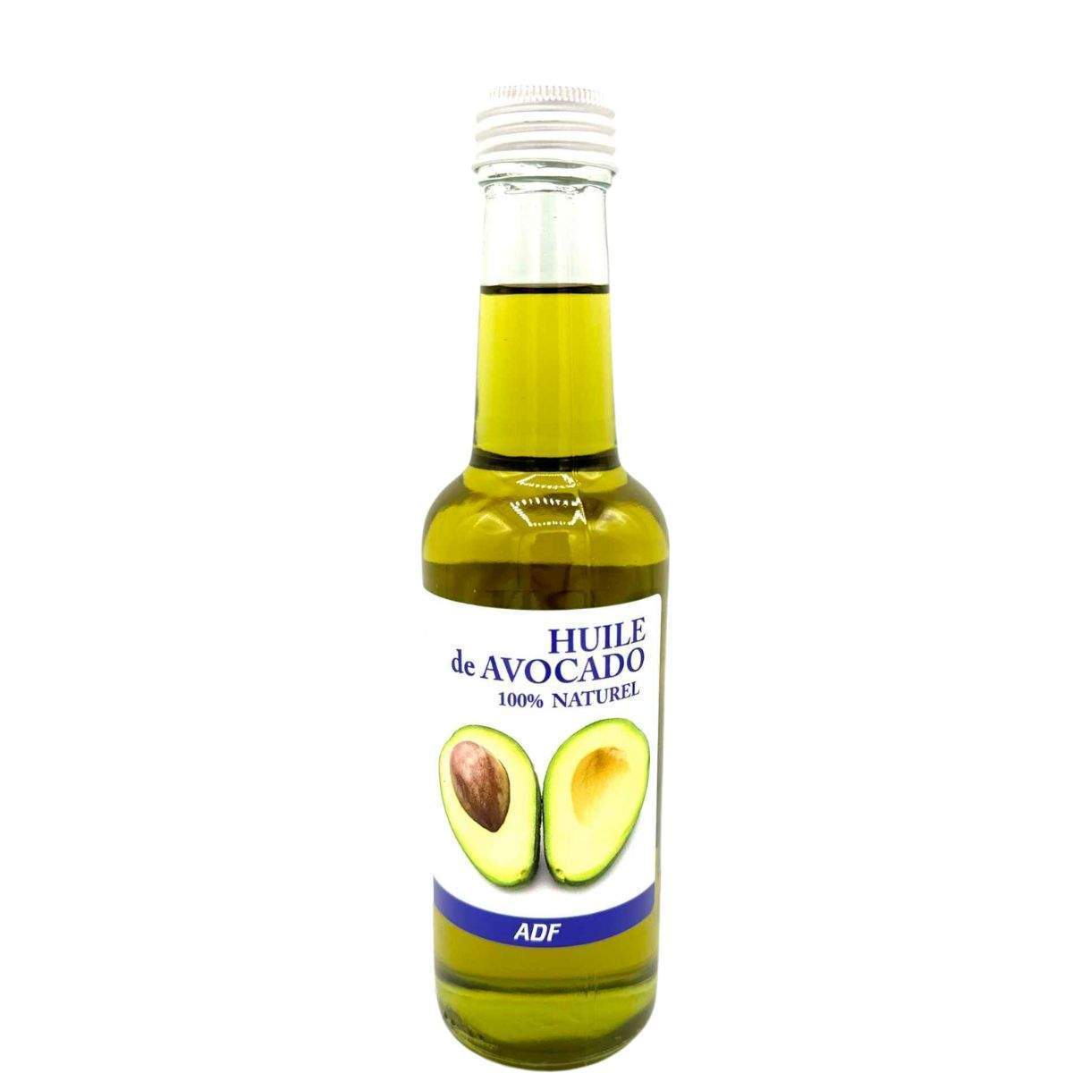 Bottle of ADF avocado oil with a white label on a white background by Afro Beauty Store