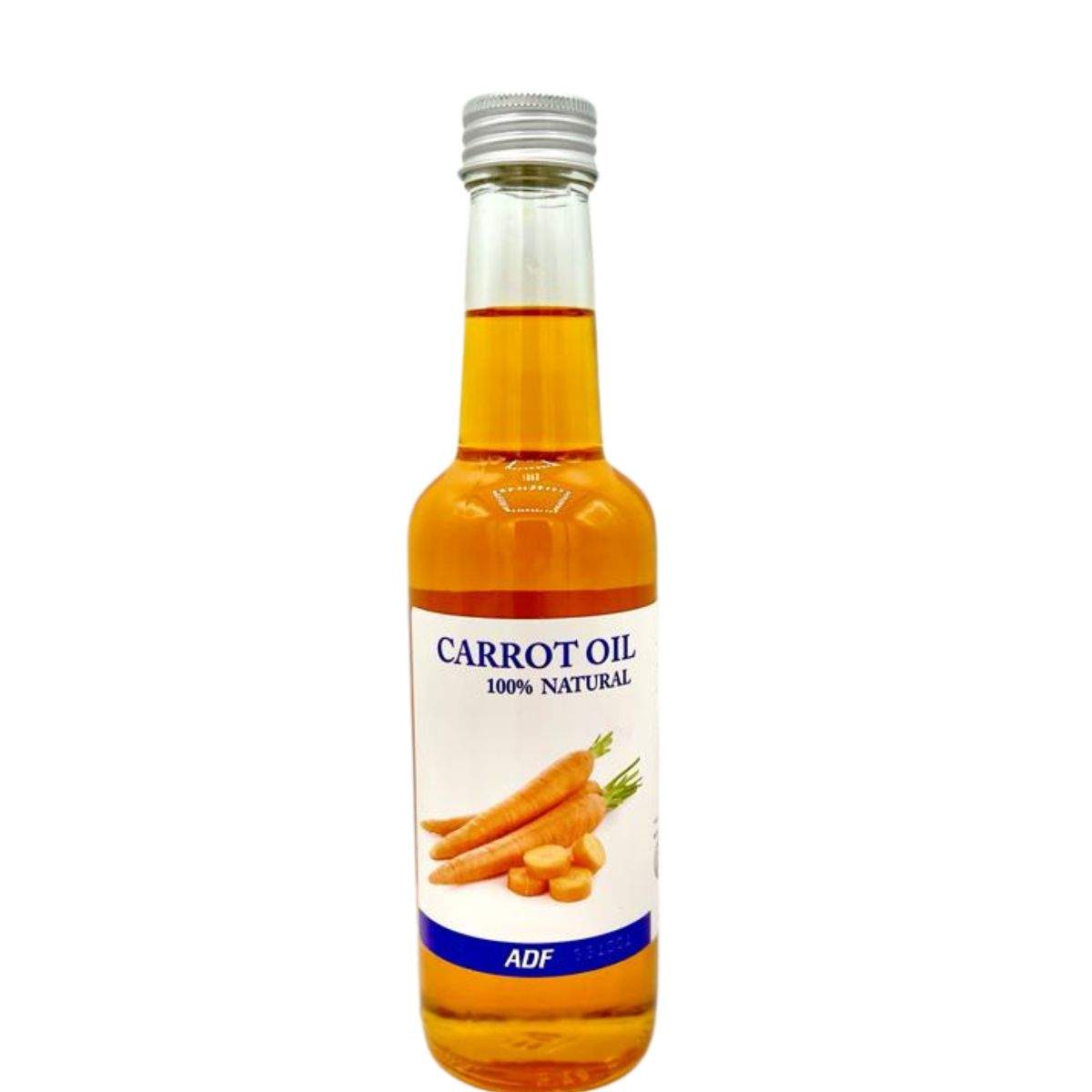 Bottle of ADF carrot oil with a white label on a white background by Afro Beauty Store