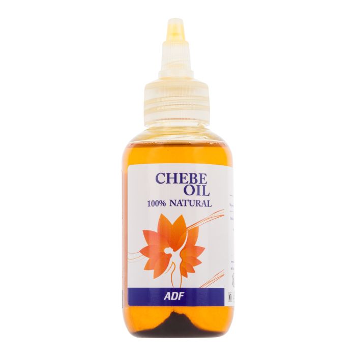 Bottle of ADF Huile de Chebe with a white label on a white background by Afro Beauty Store