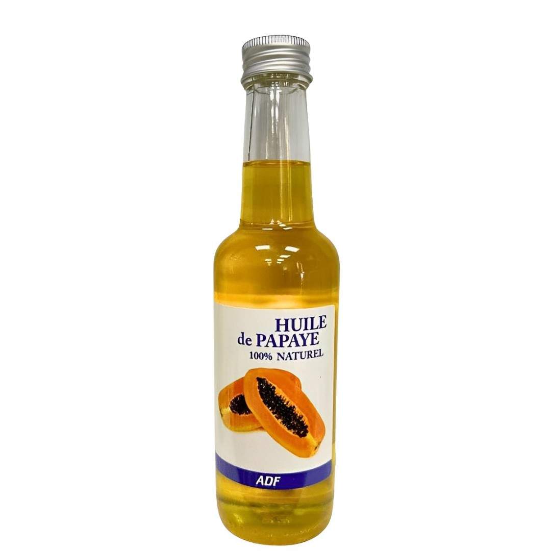 Bottle of ADF Huile de Papaye with a papaya illustration on a white background by Afro Beauty Store