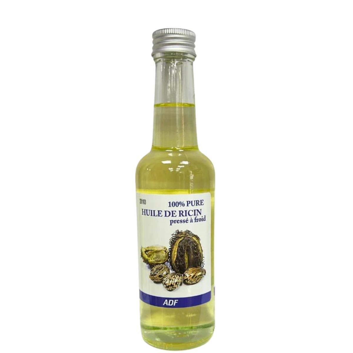 Bottle of ADF 100% pure ricin oil with a label on a white background by Afro Beauty Store