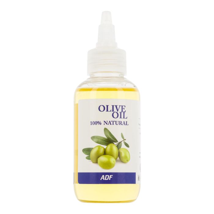 Bottle of ADF olive oil with a label on a white background by Afro Beauty Store