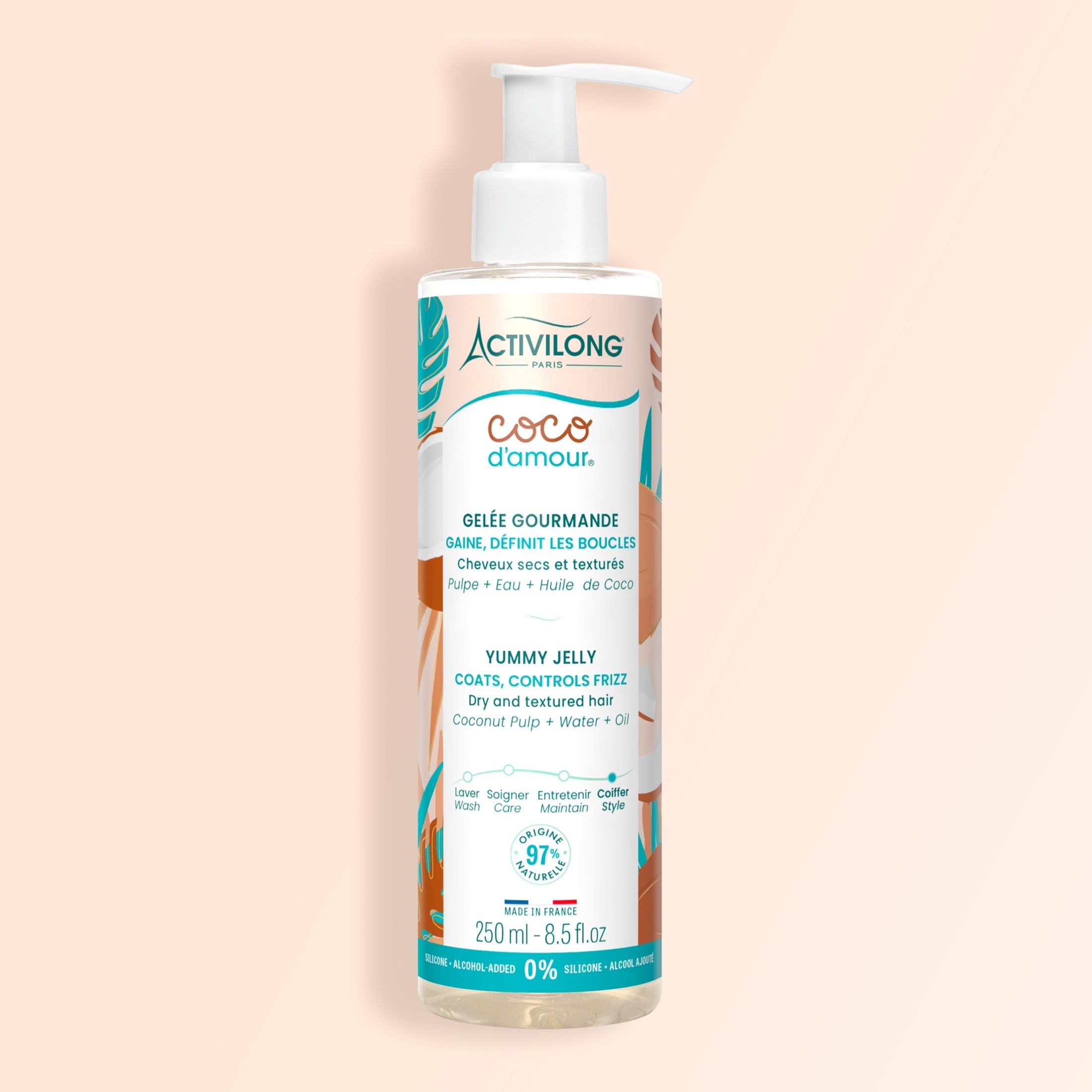 Bottle of ACTIVILONG COCO D’AMOUR Gelée Gourmande 250ml by Afro Beauty Store on a beige background