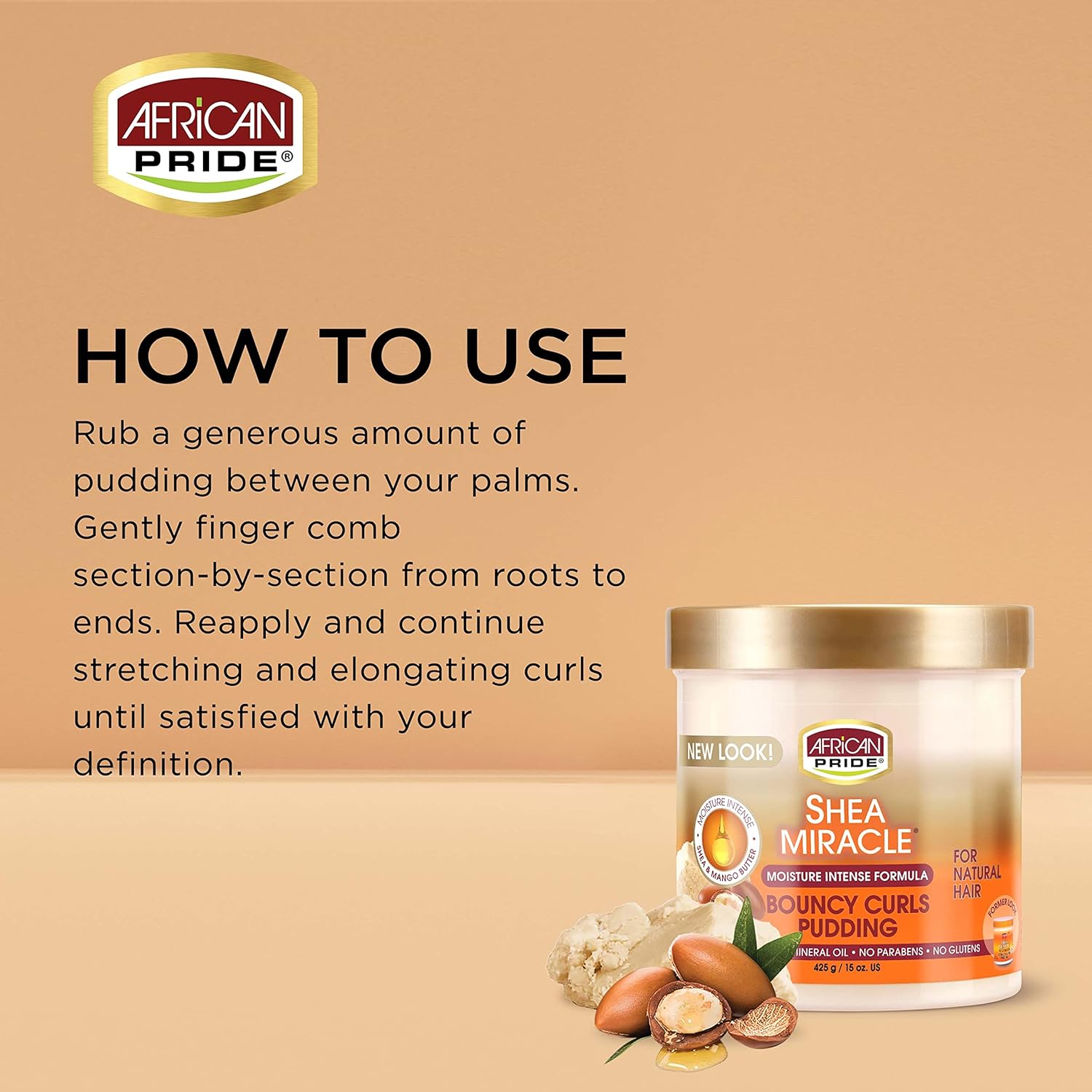 African Pride Shea Miracle Bouncy Curl Pudding 15oz by Afro Beauty Store with usage instructions on a beige background