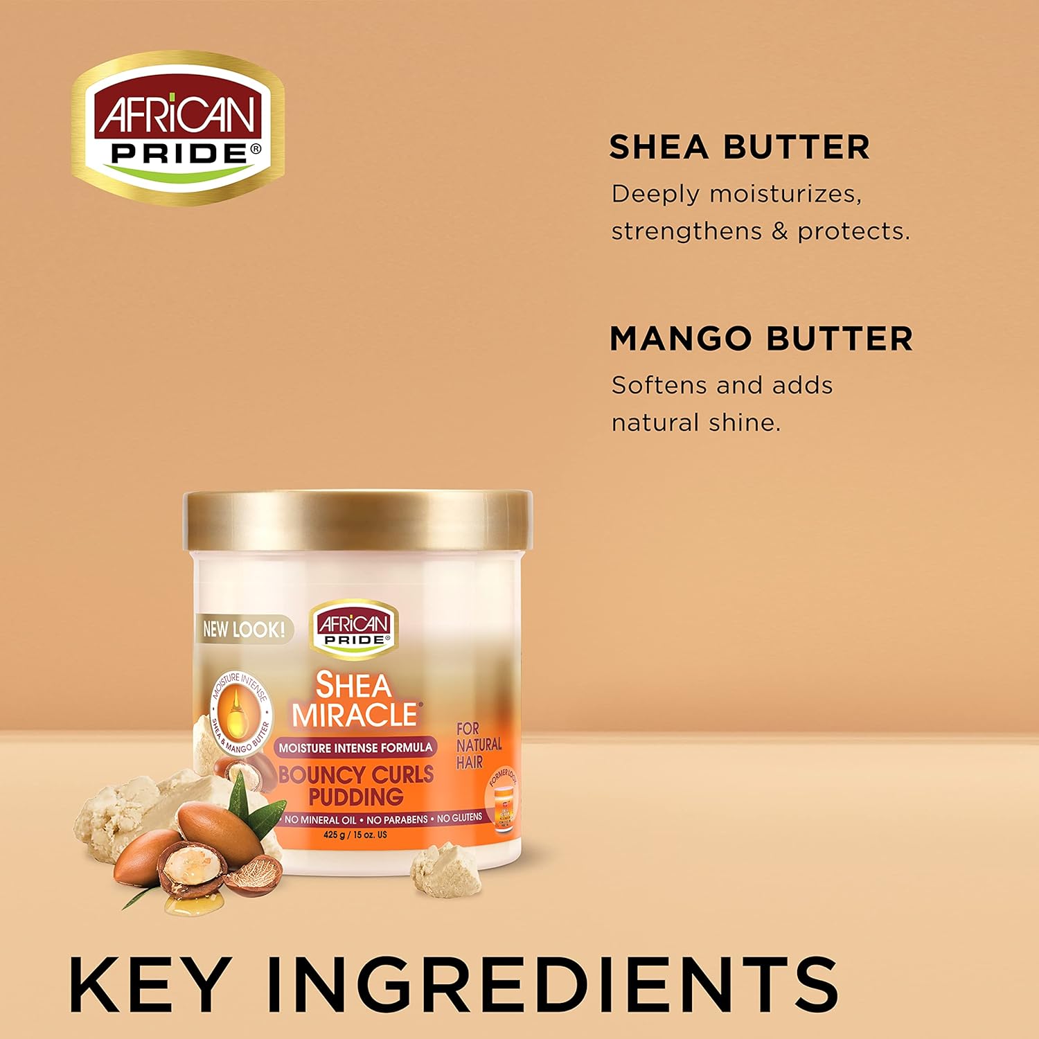 African Pride Shea Miracle Bouncy Curl Pudding by Afro Beauty Store with key ingredients Shea Butter & Mango Butter highlighted on a beige background