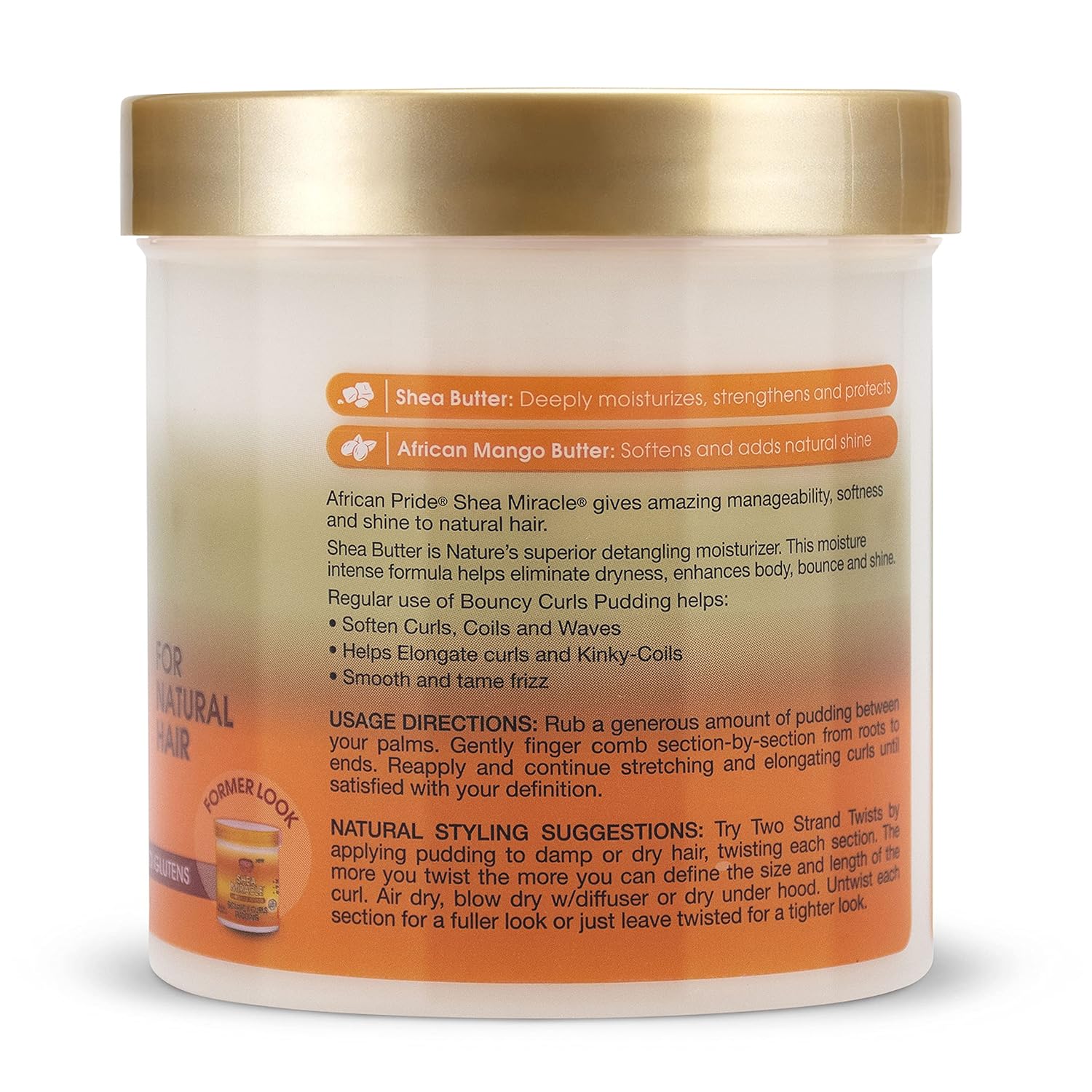 Side view of African Pride Shea Miracle Bouncy Curl Pudding 15oz jar by Afro Beauty Store