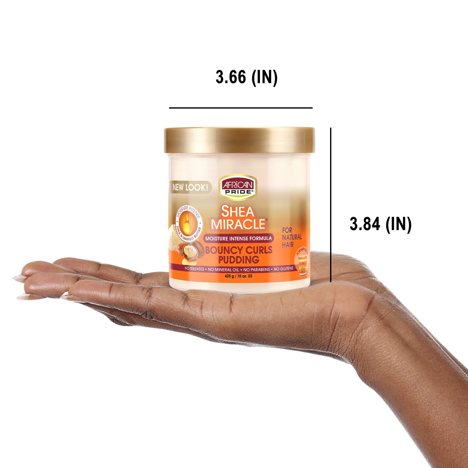 African Pride Shea Miracle Bouncy Curl Pudding 15oz jar by Afro Beauty Store held in a hand with measurements shown