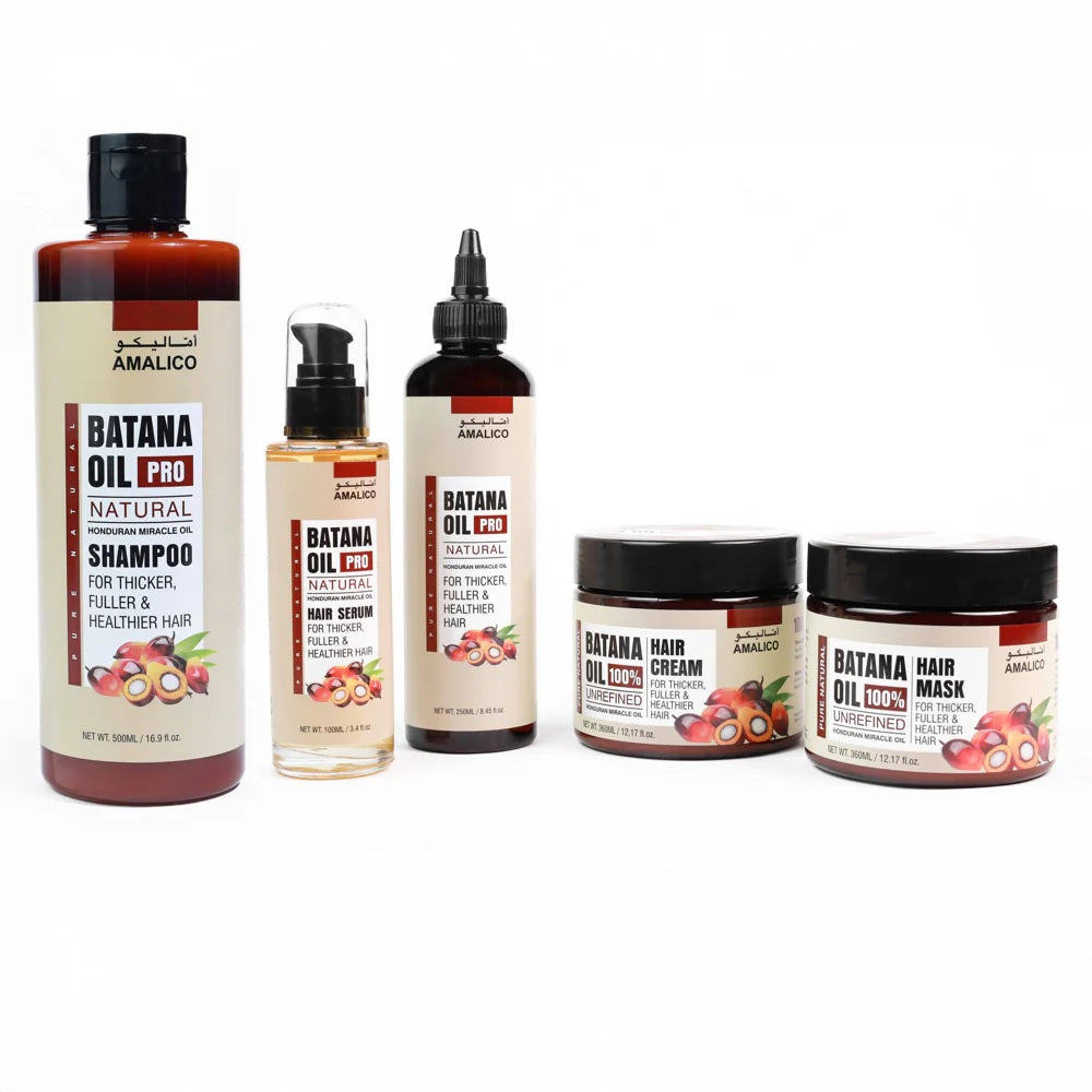 Amalico Batana Oil Pro hair care set inlcludes shampoo, Hair serum, Hair oil, Hair cream, & Hair mask