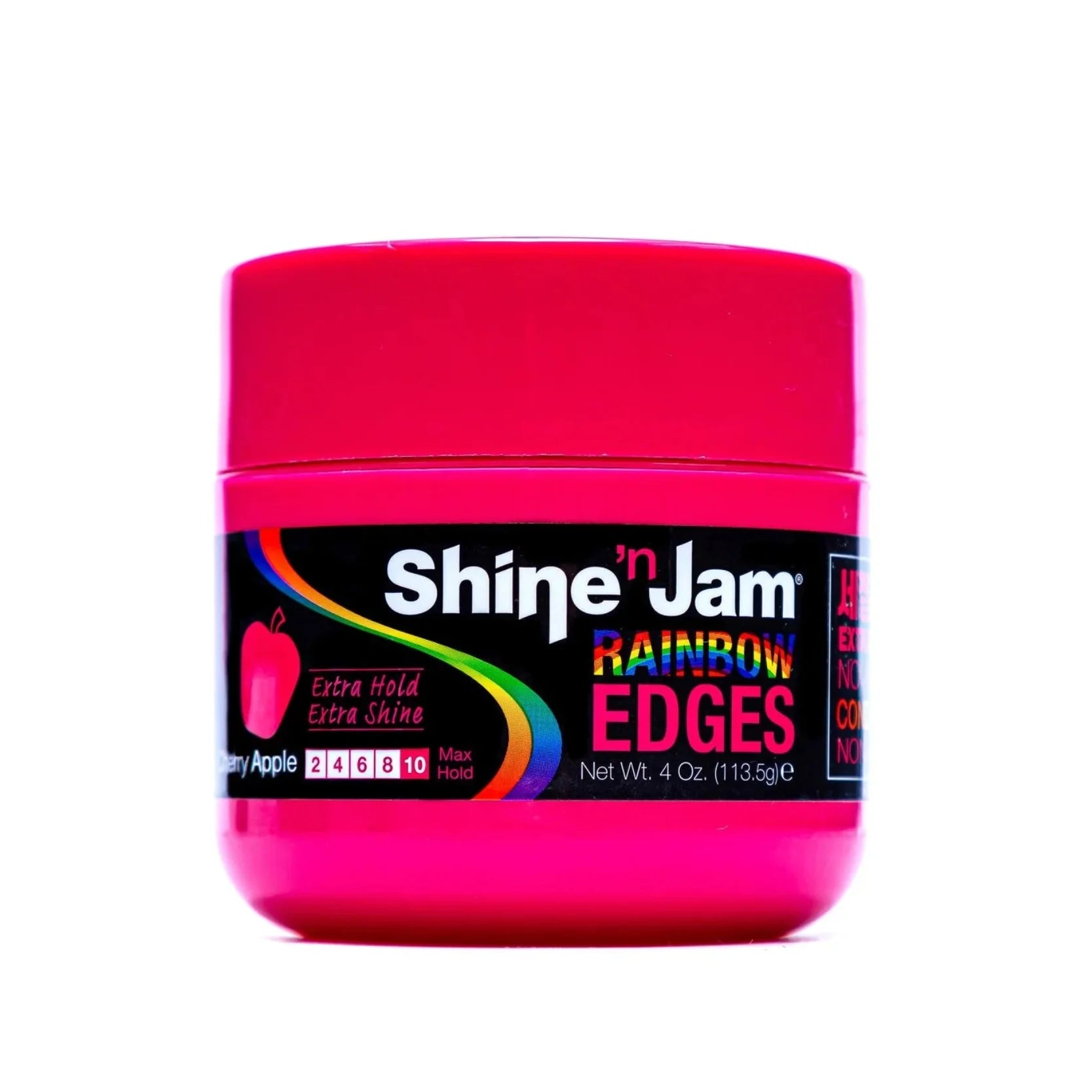Pink jar of  Ampro Shine'n Jam 4oz Extra Hold Rainbow Edges Cherry Apple  Conditioning Gel hair product by Afro Beauty Store on a white background