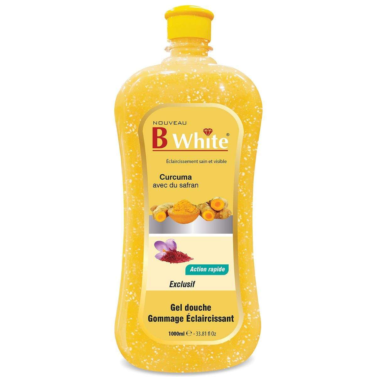 Yellow bottle of B White shower gel with turmeric and saffron on a white background by Afro Beauty Store