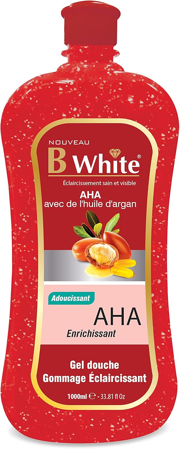 Red bottle of B'White shower gel with AHA and argan oil on a white background by Afro Beauty Store