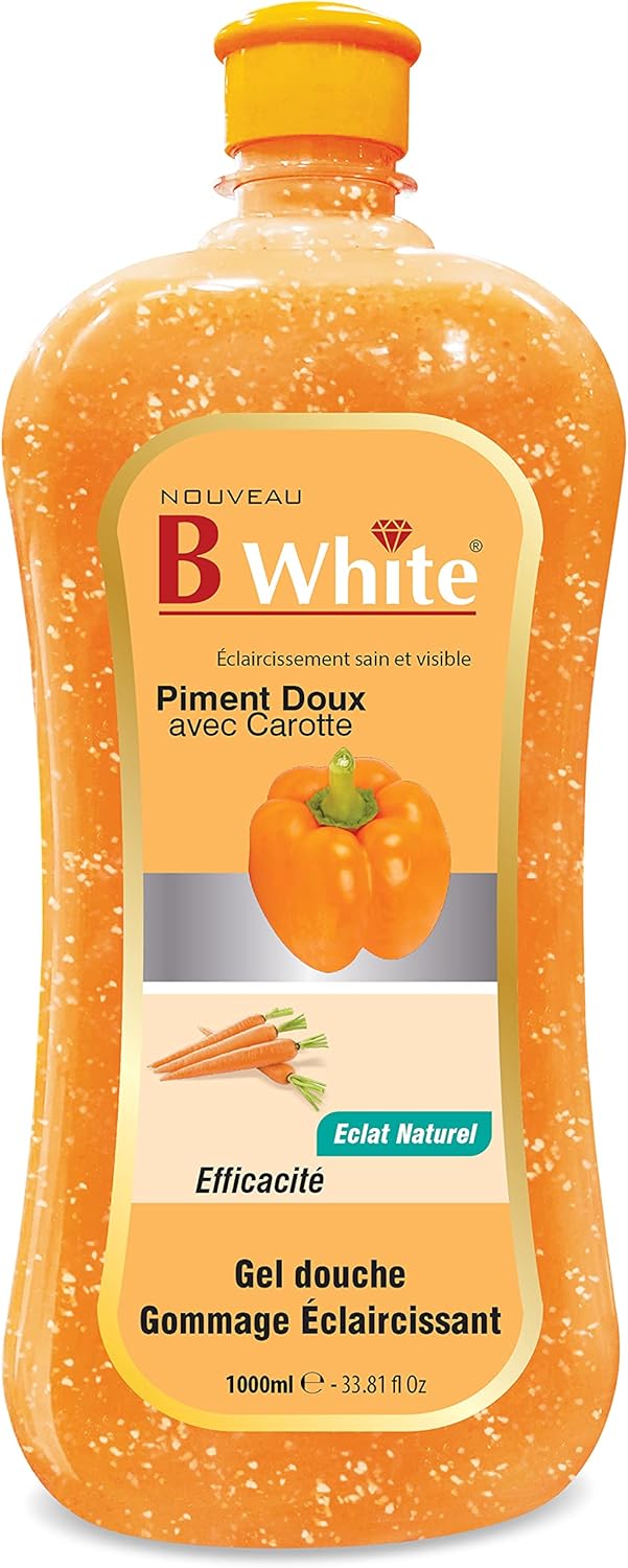B White shower gel bottle with orange label and yellow cap on a white background by Afro Beauty Store