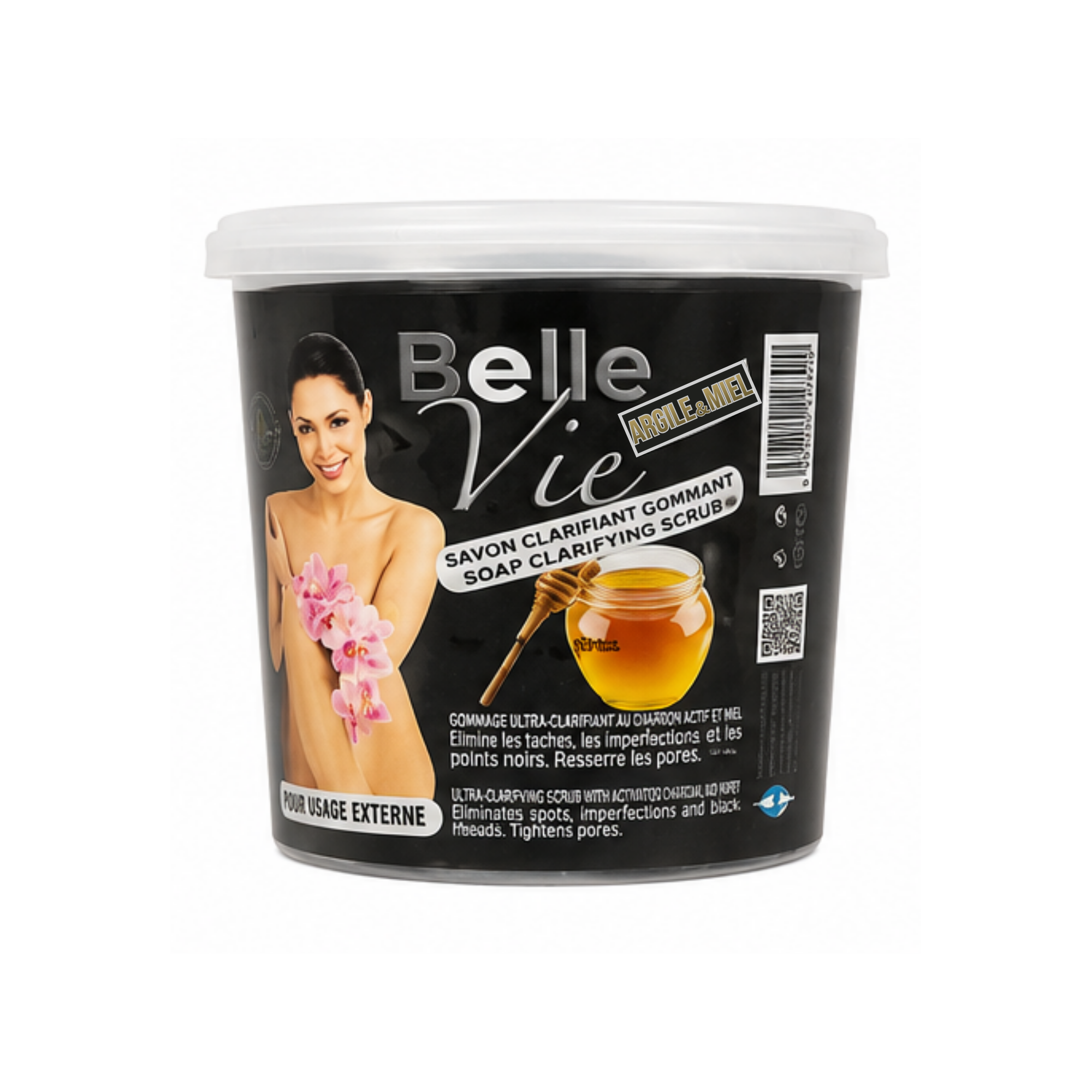 A jar of Belle Vie Honey & Orange Clarifying Soap on a plain white background. The black label features a photo of a woman holding pink flowers and a honey pot, with the product name 'Belle Vie' in large white and silver lettering  by Afro Beauty Store.