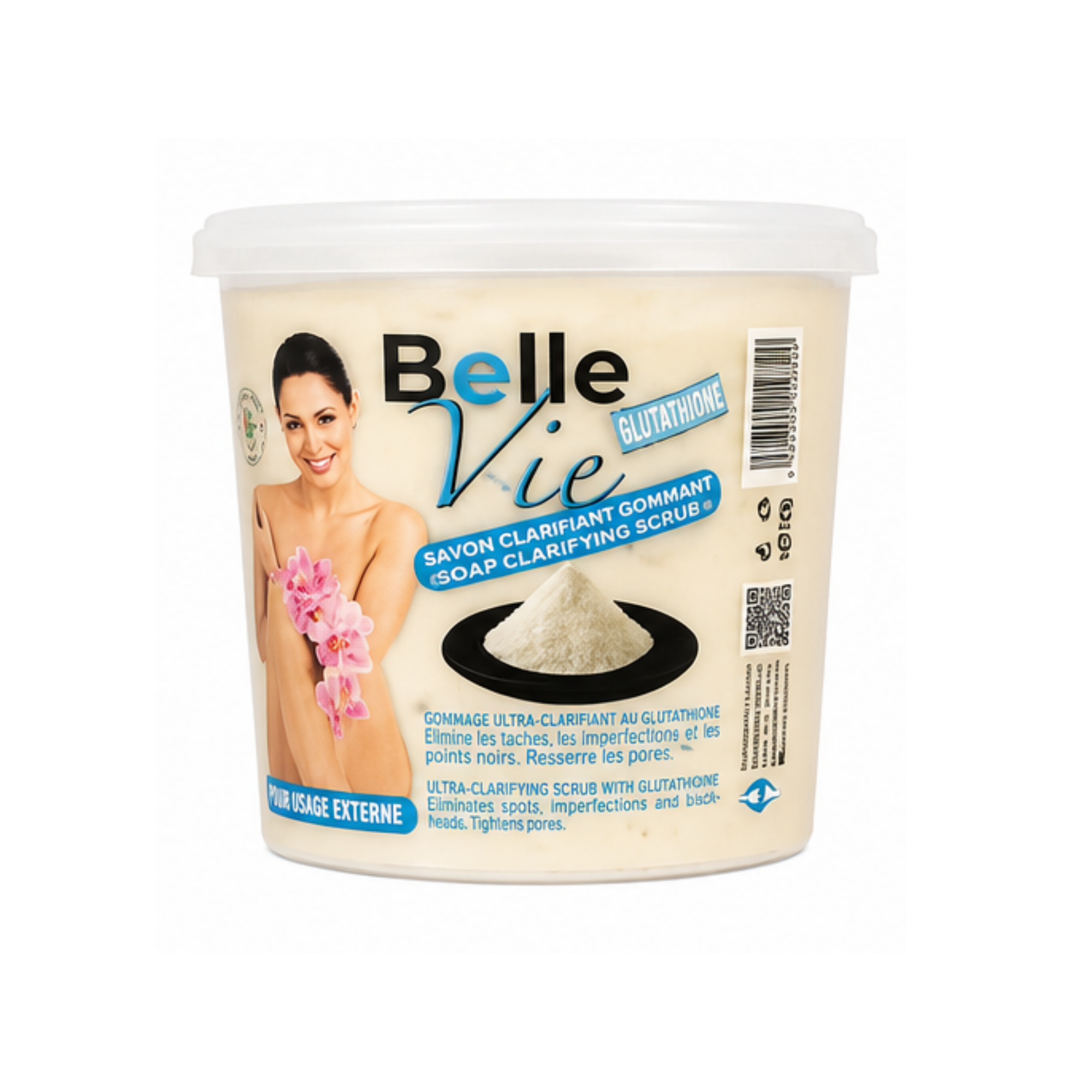 A jar of Belle Vie Glutathione Soap Clarifying Scrub on a plain white background. The packaging features a beige background with a photo of a smiling woman holding pink flowers, a black bowl graphic containing white powder, and blue accents by Afro Beauty Store.