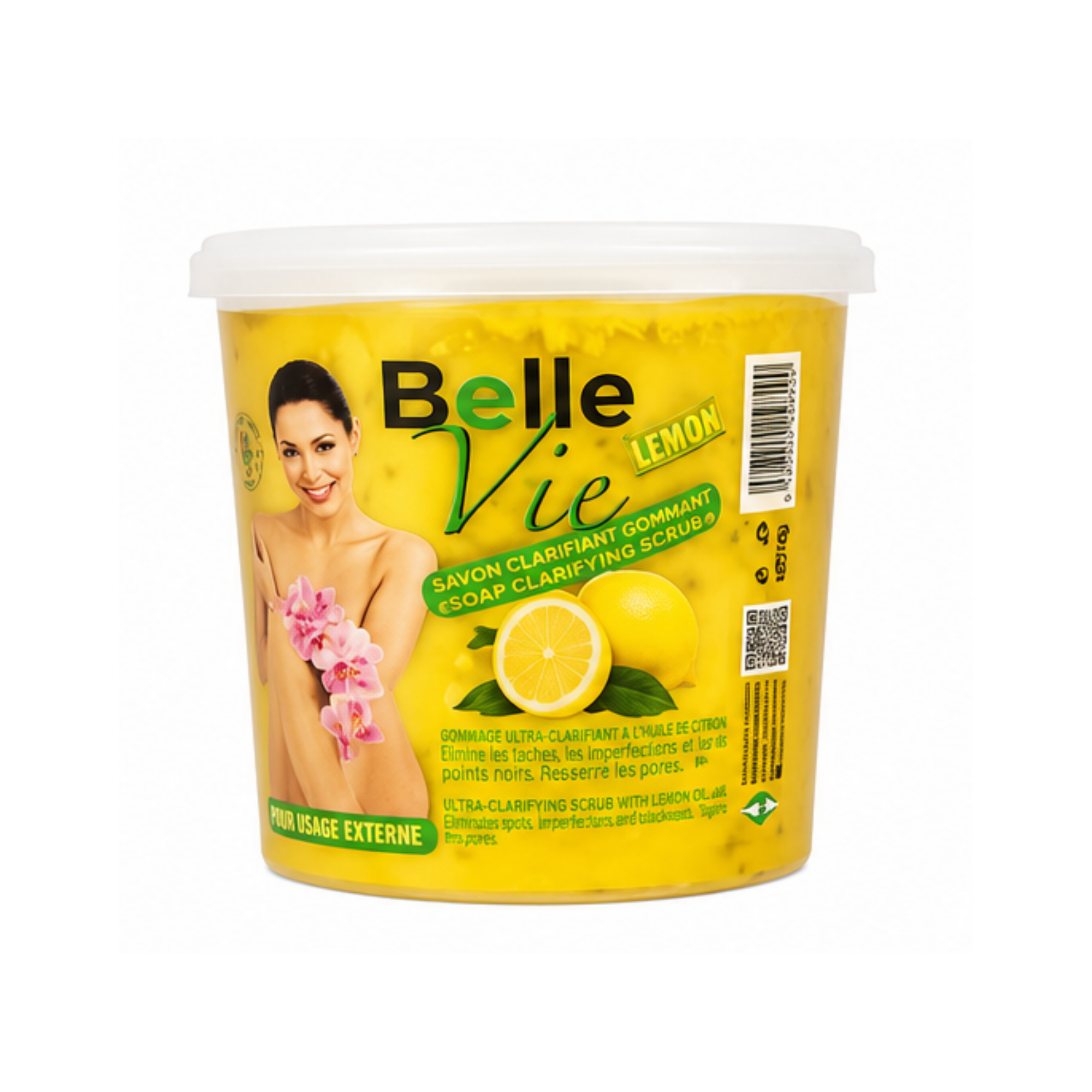 A jar of Belle Vie Lemon Exfoliating Soap with a white lid and a yellow label featuring a lemon graphic and a model holding pink flowers by Afro Beauty Store