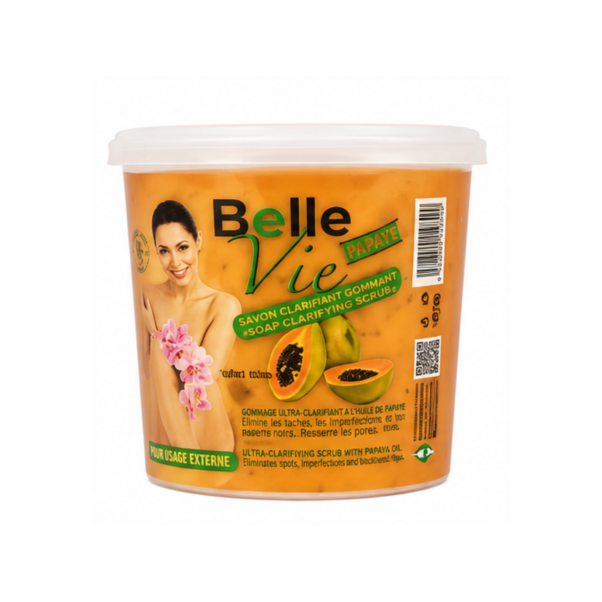 A jar of Belle Vie Papaya exfoliating and clarifying body wash, featuring a bright orange label with a picture of a woman, papayas, and orchids, on a white background by Afro Beauty Store