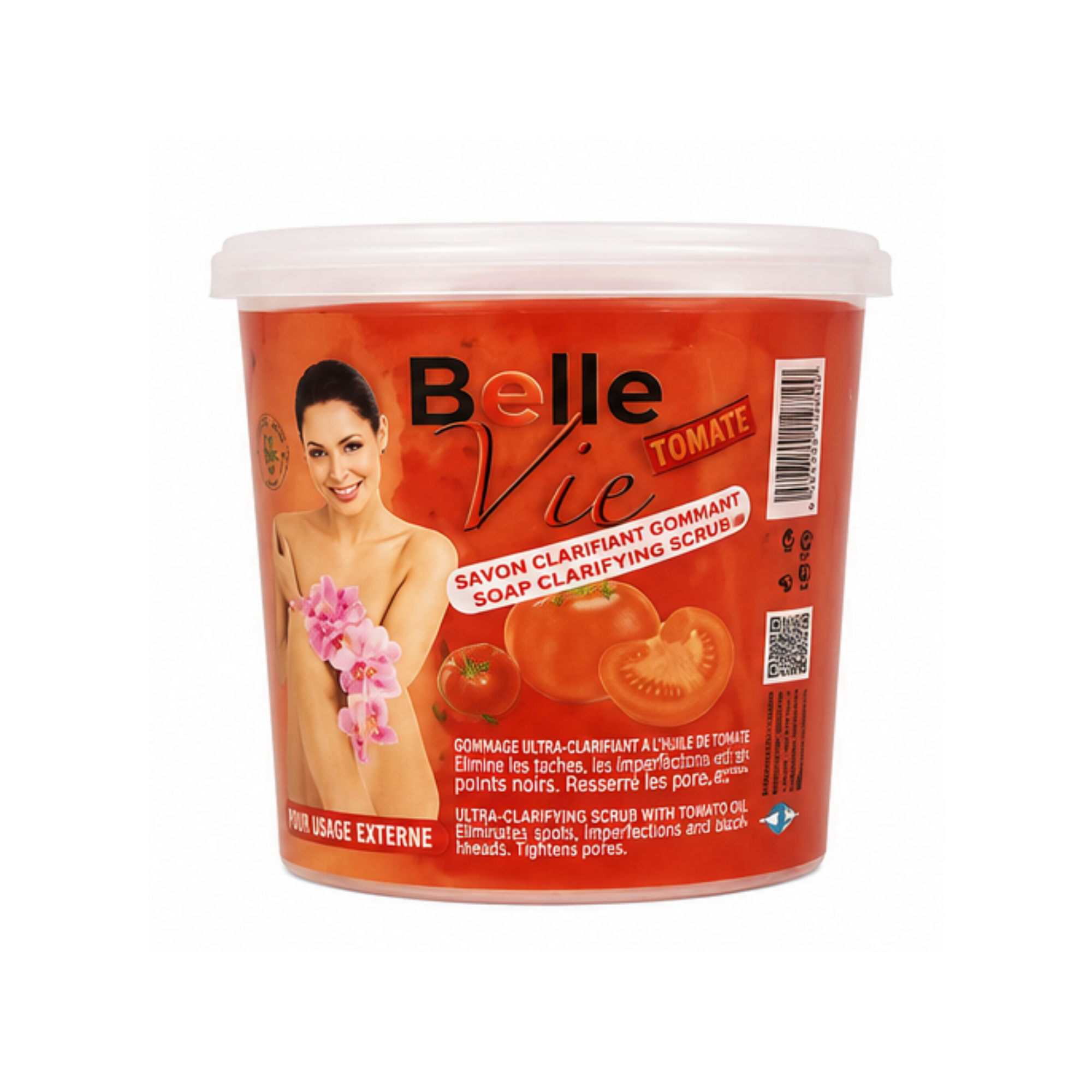 A jar of Belle Vie Tomate Clarifying Soap on a plain white background. The container is orange with a white lid, featuring a label with a woman holding pink flowers, tomatoes, and product text by Afro Beauty Store.