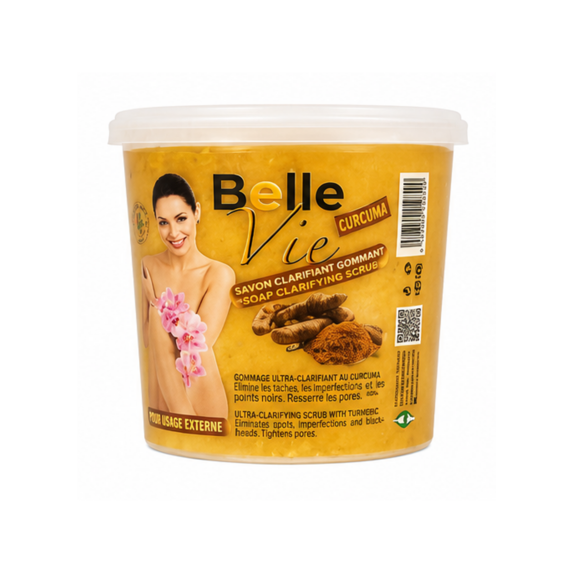 A jar of Belle Vie Curcuma Soap Clarifying Scrub, featuring a golden-yellow label with a photo of a woman holding pink flowers, turmeric root illustrations, and a white plastic lid, set against a plain white background by Afro Beauty Store.