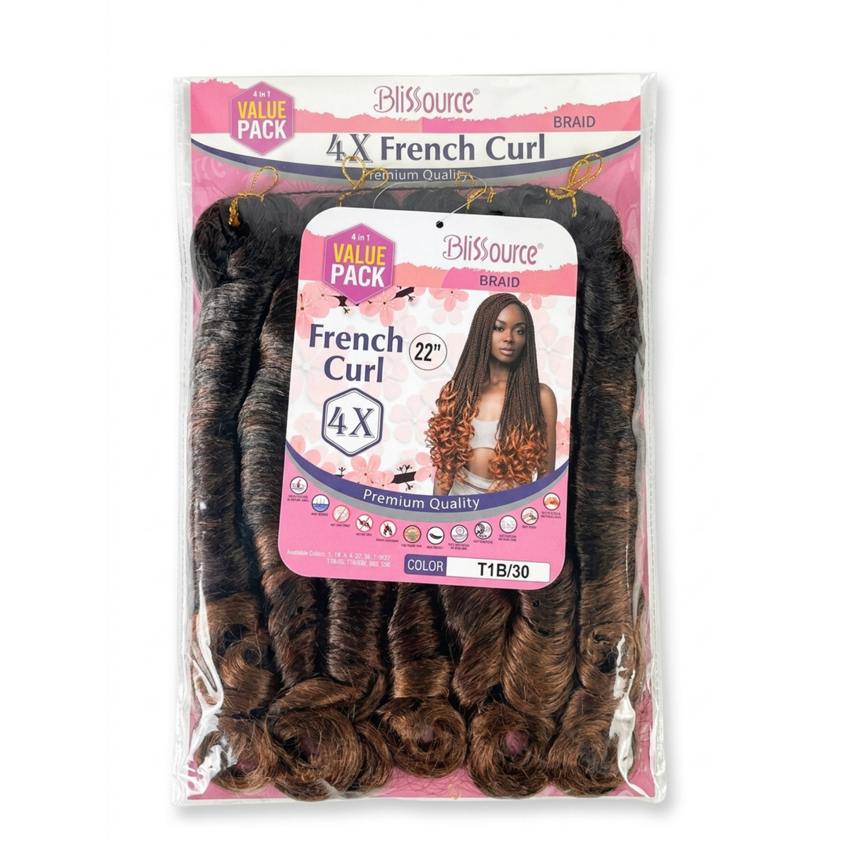 Blissource 4X French Curl synthetic hair extensions in a pink and white retail package, showing four curly bundles inside.