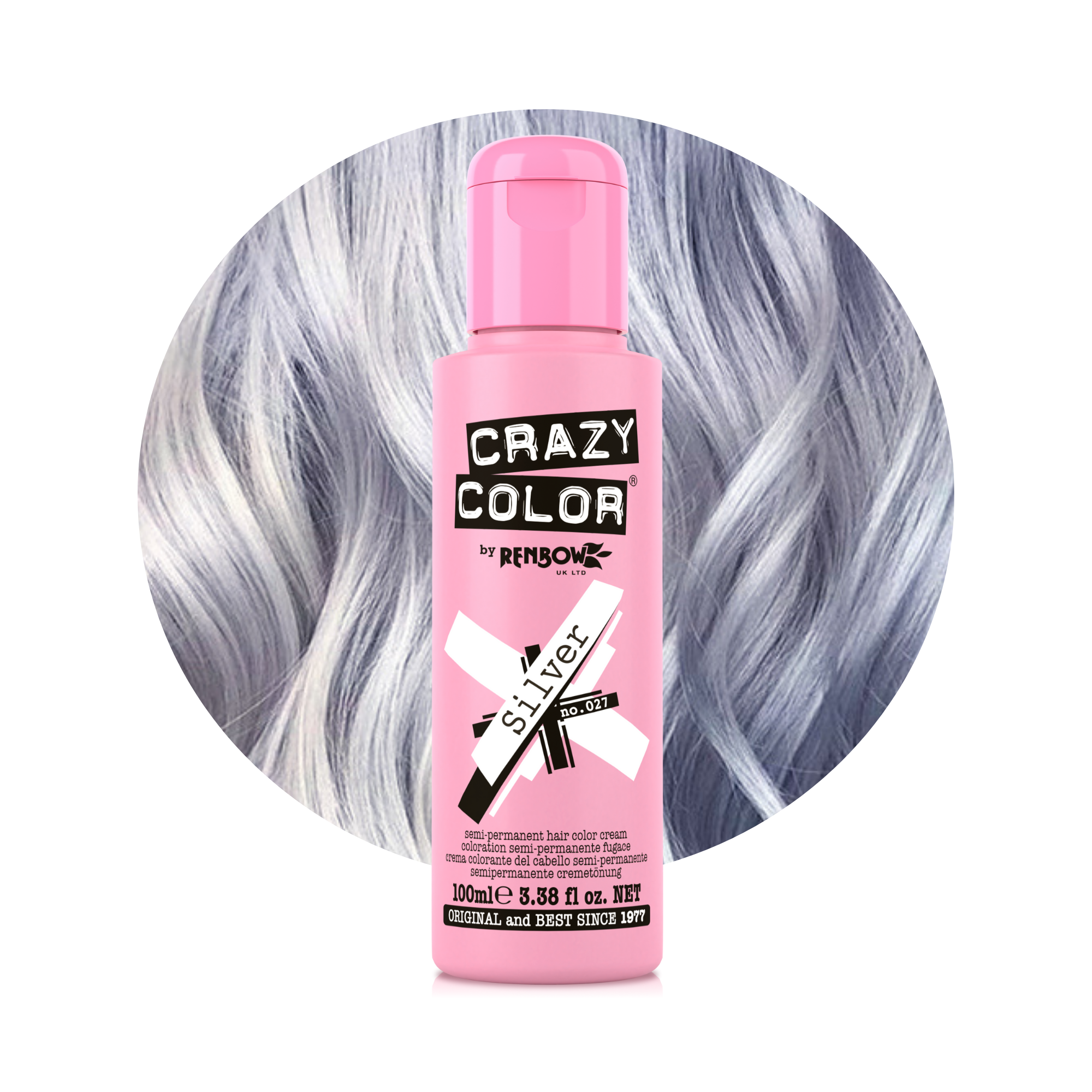 Pink bottle of Crazy Color Argent (Silver) no. 27 100ml hair dye by Afro Beauty Store with silver hair background