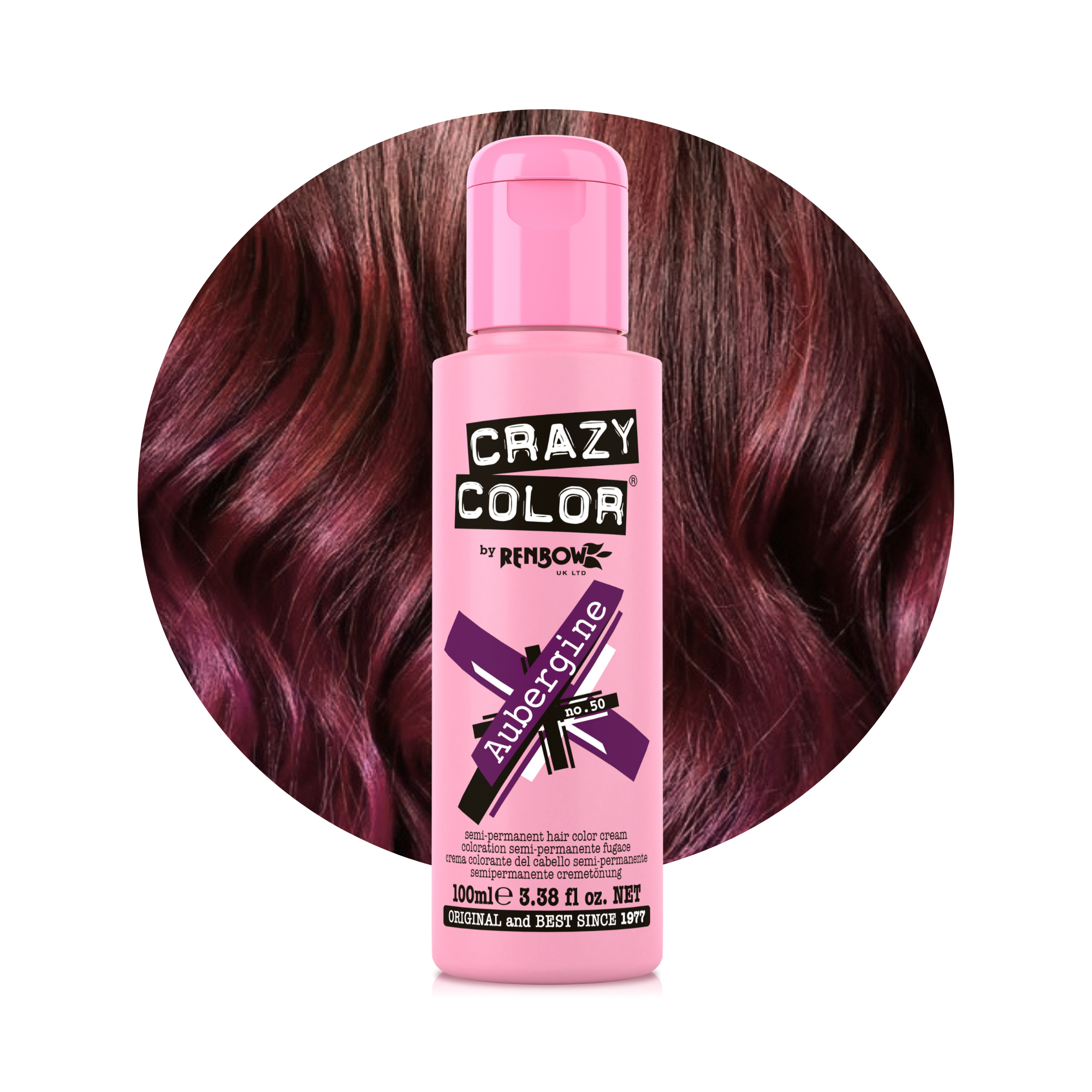 Crazy Color Aubergine no. 50 100ml hair color product with dark red hair in the background by Afro Beauty Store