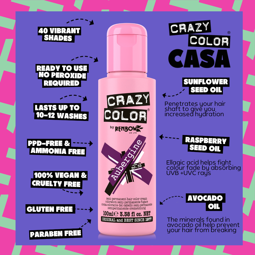 Crazy Color hair color product with features listed on a colorful background by Afro Beauty Store