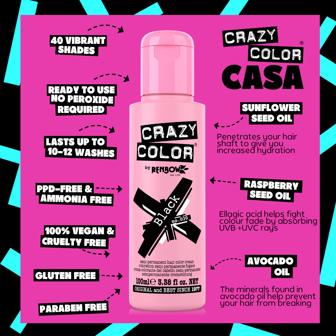 Crazy Color Black 30 hair color product with features on a pink background by Afro Beauty Store