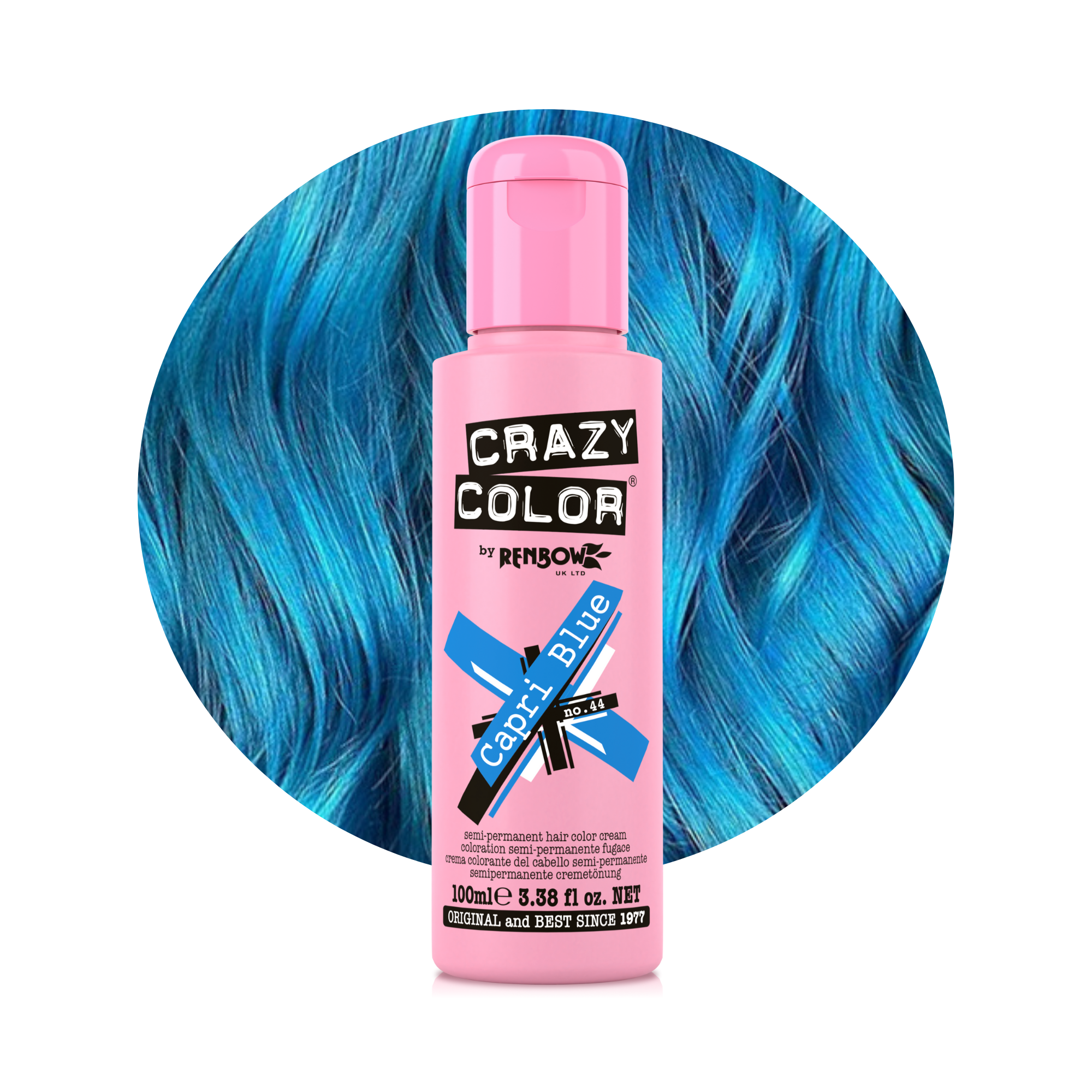 Pink bottle of Crazy Color Bleu Capri no. 44 100ml hair dye by Afro Beauty Store with blue hair in the background