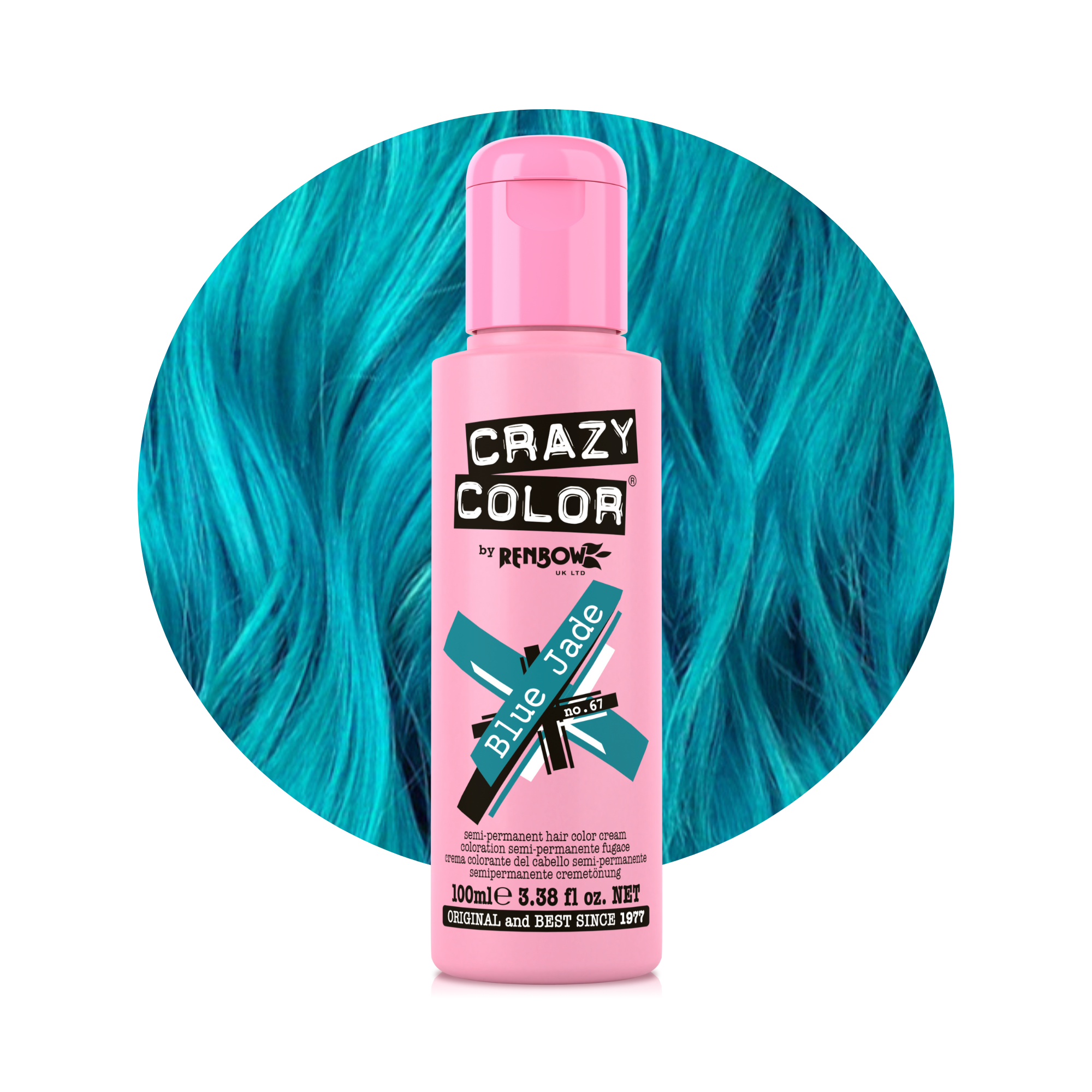 Pink bottle of Crazy Color Bleu Jade no. 67 100ml hair dye by Afro Beauty Store with blue hair in the background