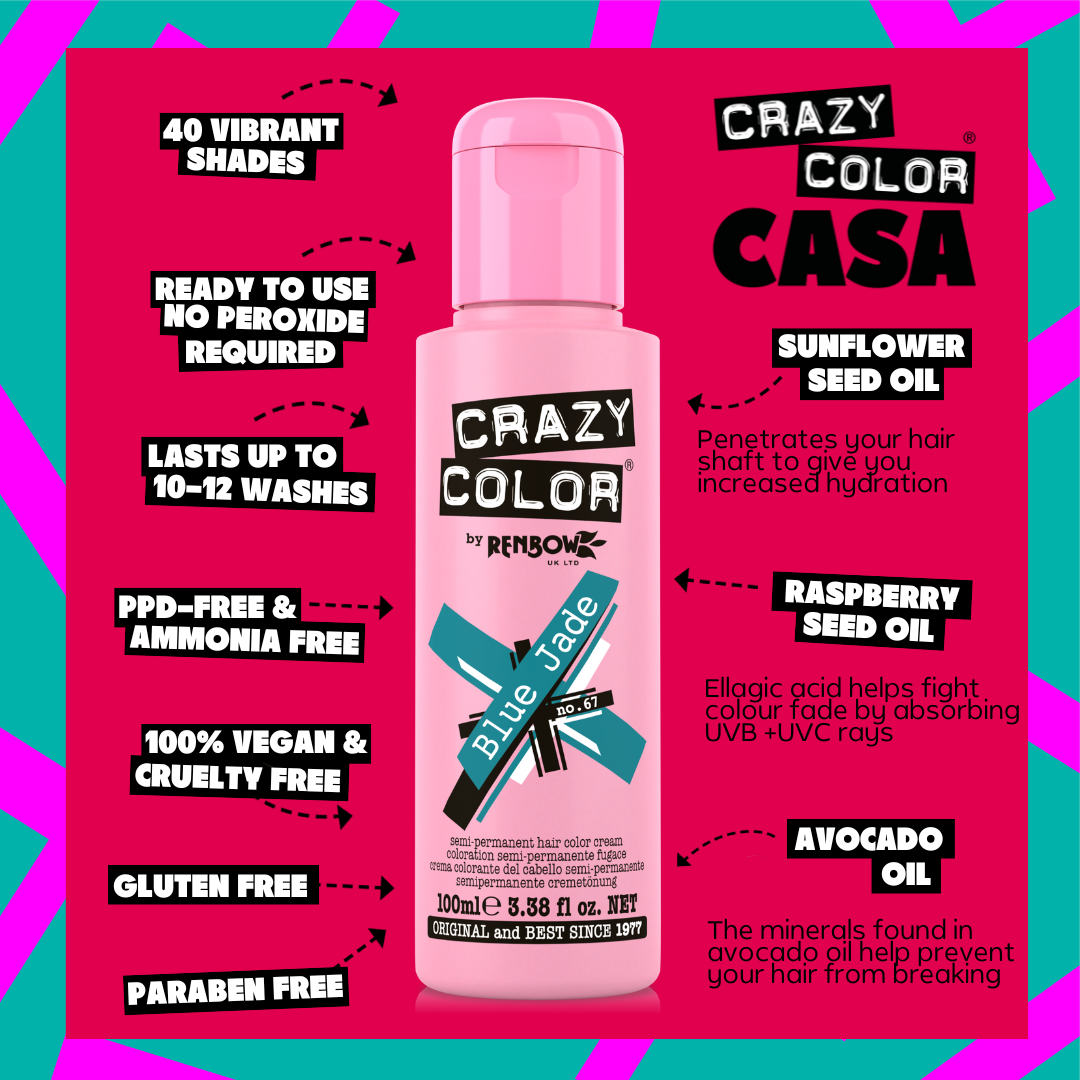 Crazy Color Blue Jade 67 hair color product with features listed on a vibrant pink background by Afro Beauty Store