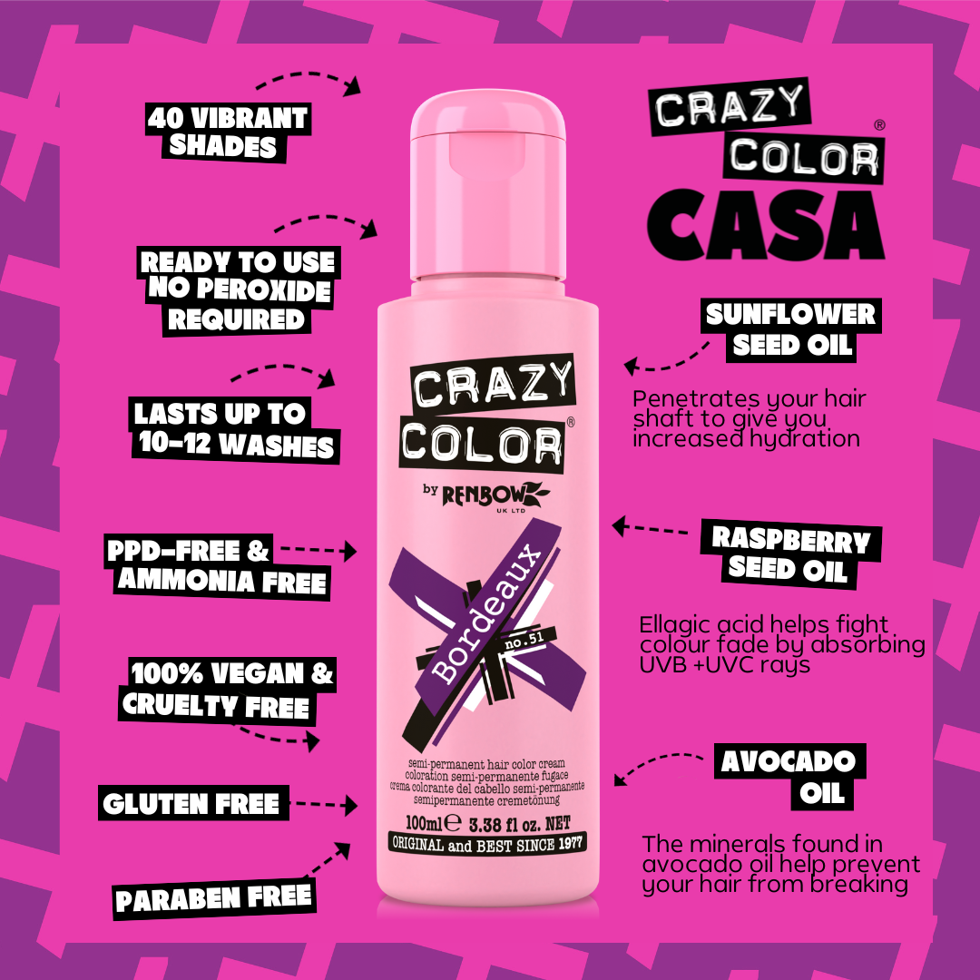 Crazy Color Bordeaux 51 hair color product on a pink background with text highlighting features by Afro Beauty Store