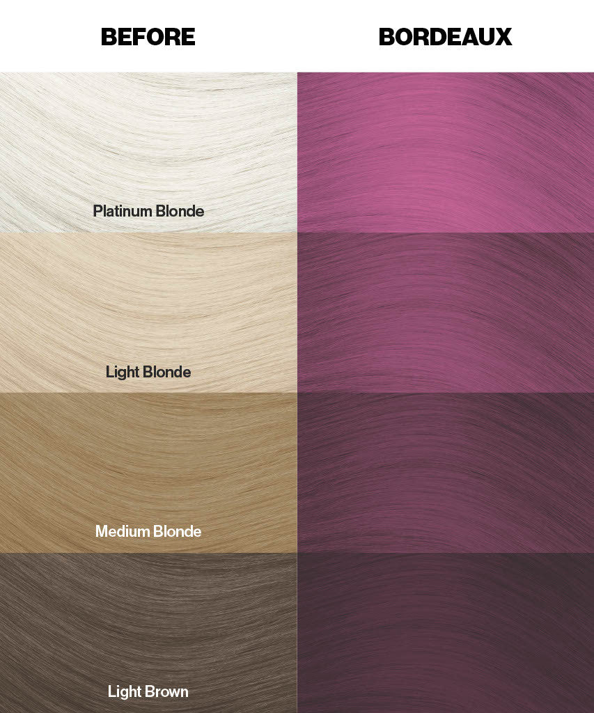 Crazy Color's Hair color swatches labeled 'Before' and 'Bordeaux' with various hair colors by Afro Beauty Store