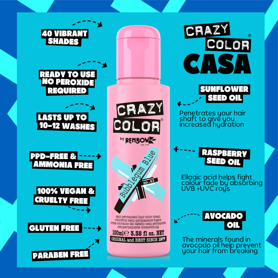 Pink bottle of Crazy Color Bubblegum Blue 63 hair color with product features on a blue background by Afro Beauty Store