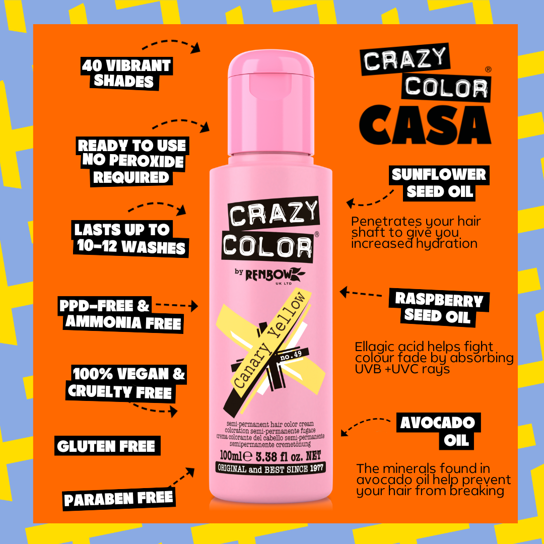 Pink bottle of Crazy Color hair color with product features on an orange background by Afro Beauty Store