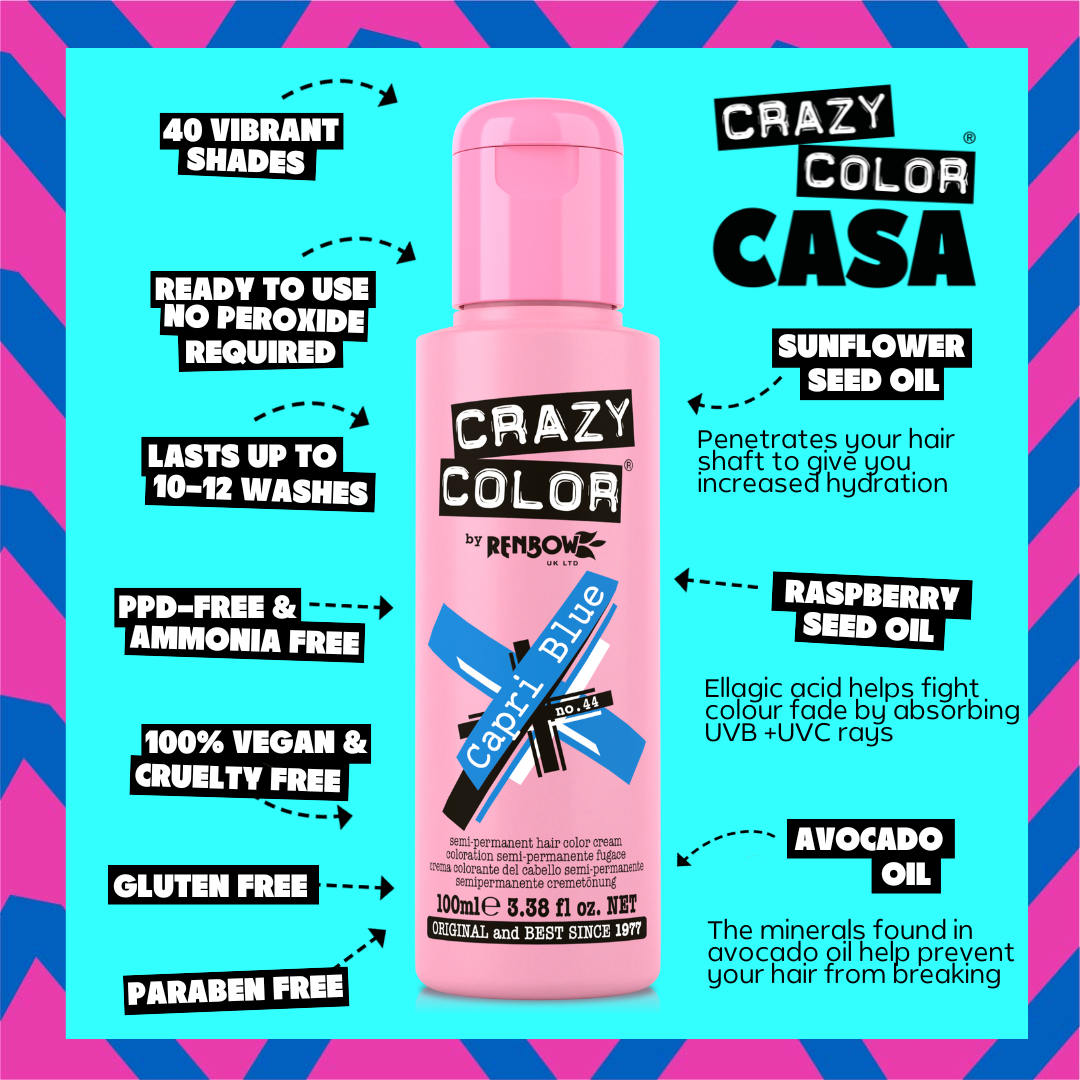 Crazy Color Capri Blue hair color product with features listed on a colorful background by Afro Beauty Store