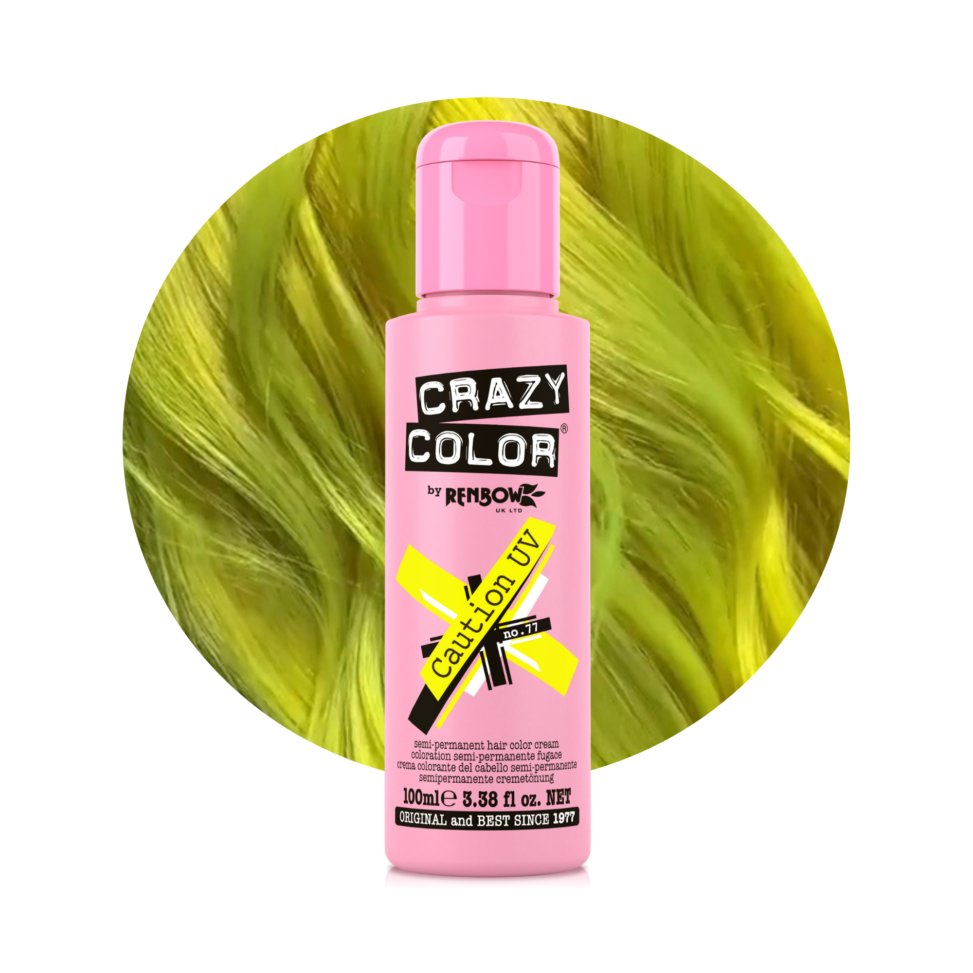 Pink bottle of Crazy Color Caution UV (Jaune Fluo) no. 77 100ml hair dye by Afro Beauty Store with yellow hair in the background