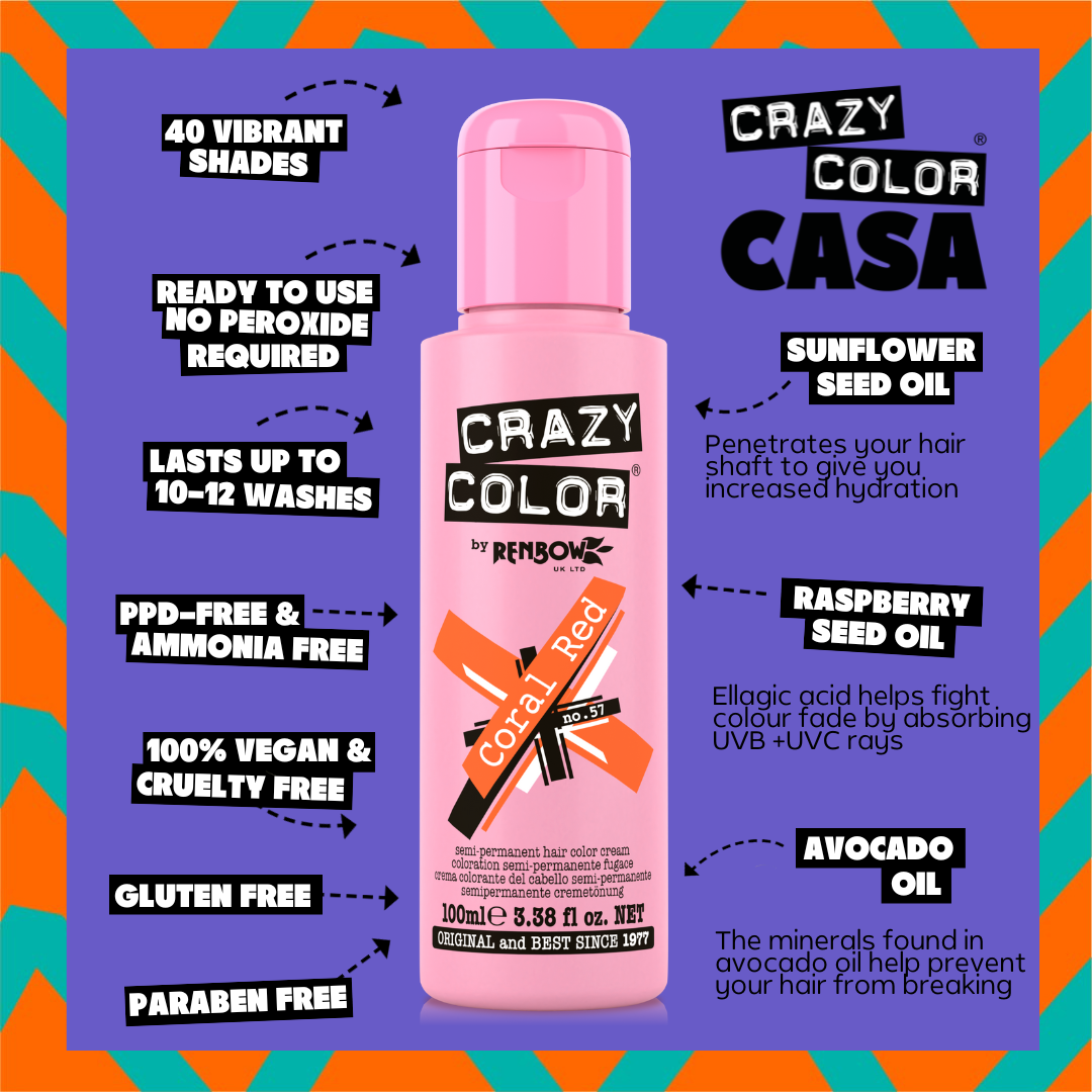 Crazy Color Coral Red hair color bottle with product features on a colorful background by Afro Beauty Store
