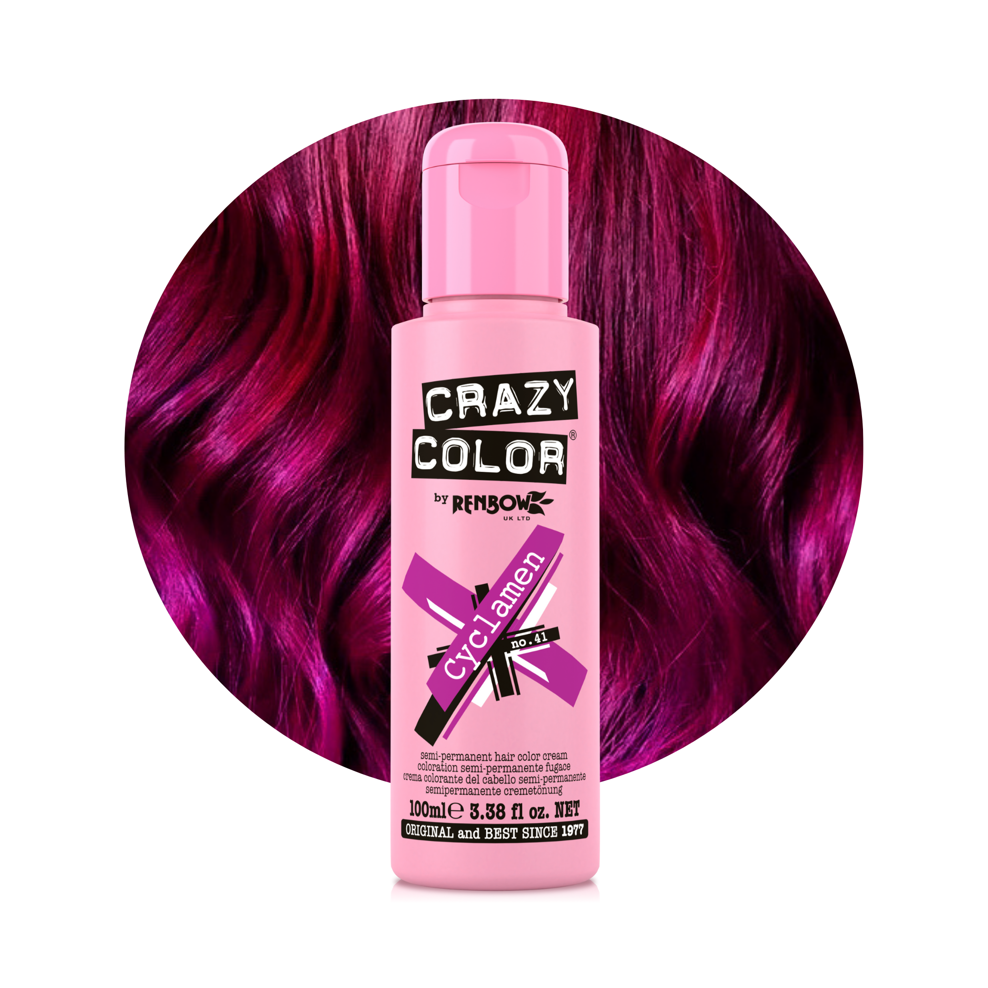 Pink bottle of Crazy Color Cyclamen no. 41 100ml hair dye by Afro Beauty Store with purple hair in the background