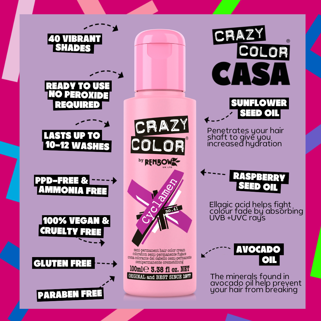 Pink bottle of Crazy Color hair color By Afro Beauty Store with product features on a colorful background