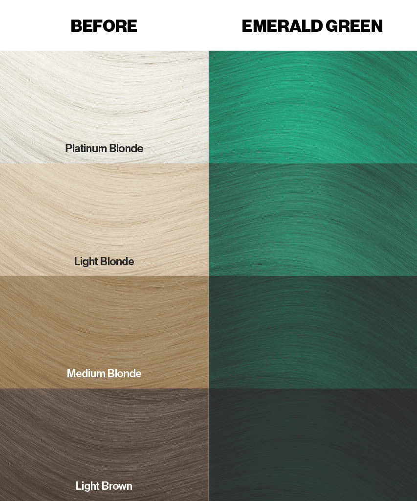 Crazy Color Color swatches of hair color options including Platinum Blonde, Light Blonde, Medium Blonde, and Light Brown, with an additional color swatch labeled 'Emerald Green' by Afro Beauty Store