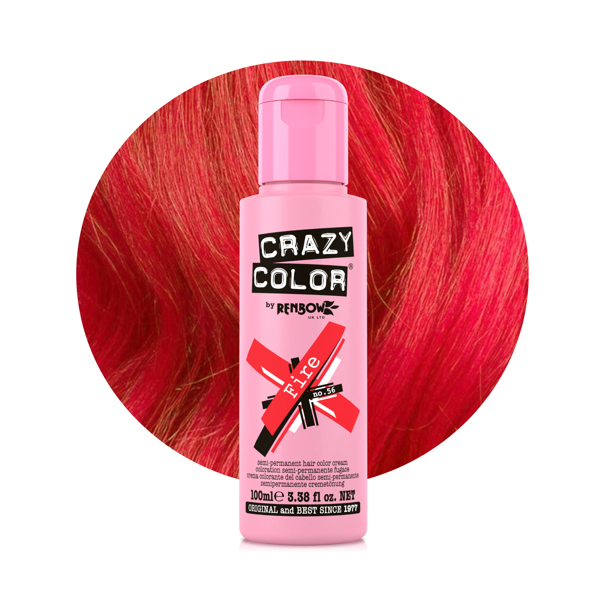 Pink bottle of Crazy Color Fire 56 100ml hair dye by Afro Beauty Store with red hair in the background