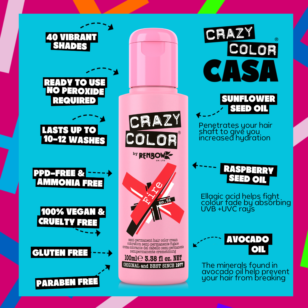 Crazy Color Fire 56 hair color product with features listed on a colorful background by Afro Beauty Store