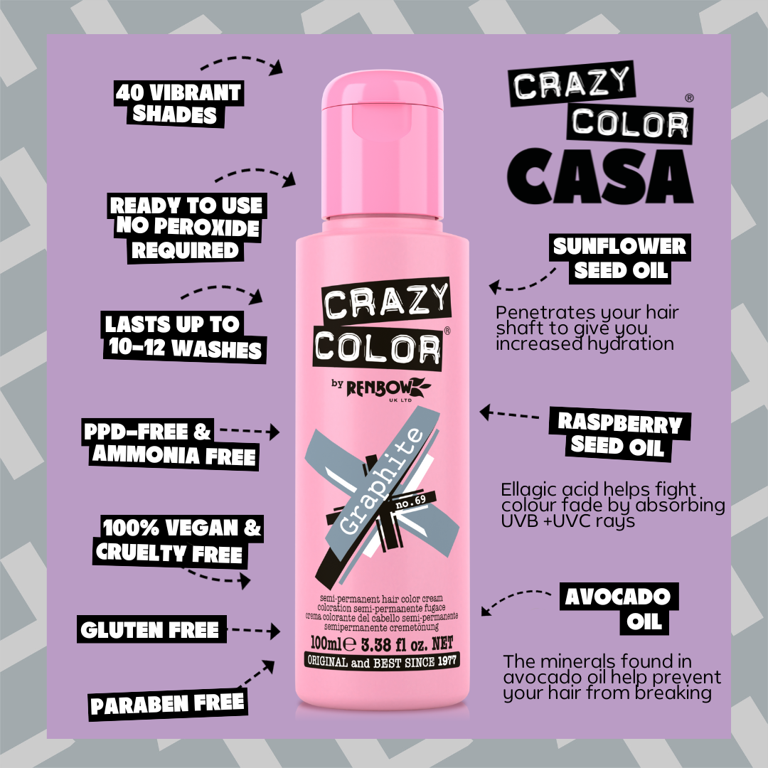 Pink bottle of Crazy Color Graphite 69 hair color with product features on a purple background by Afro Beauty Store