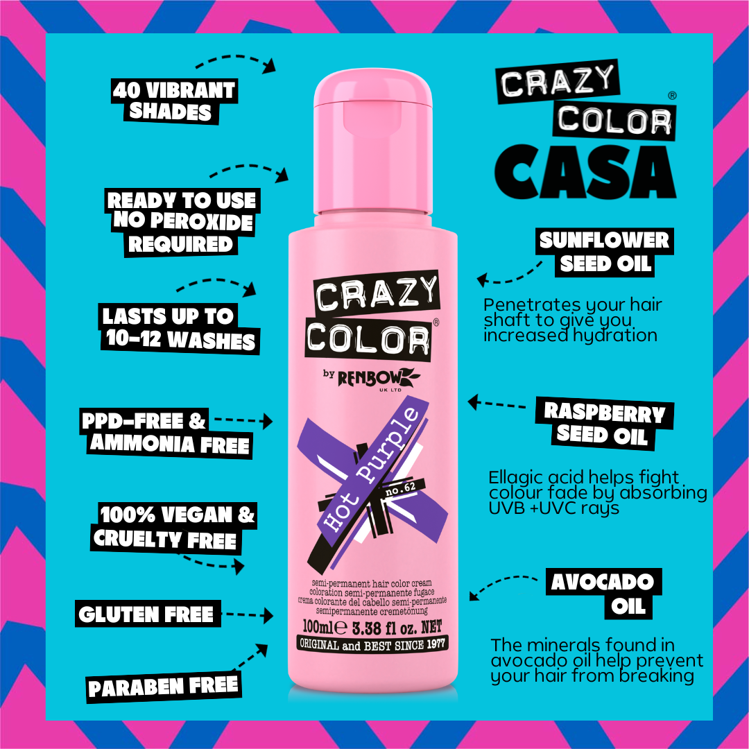 Crazy Color Hot Purple hair color product with features listed on a colorful background by Afro Beauty Store