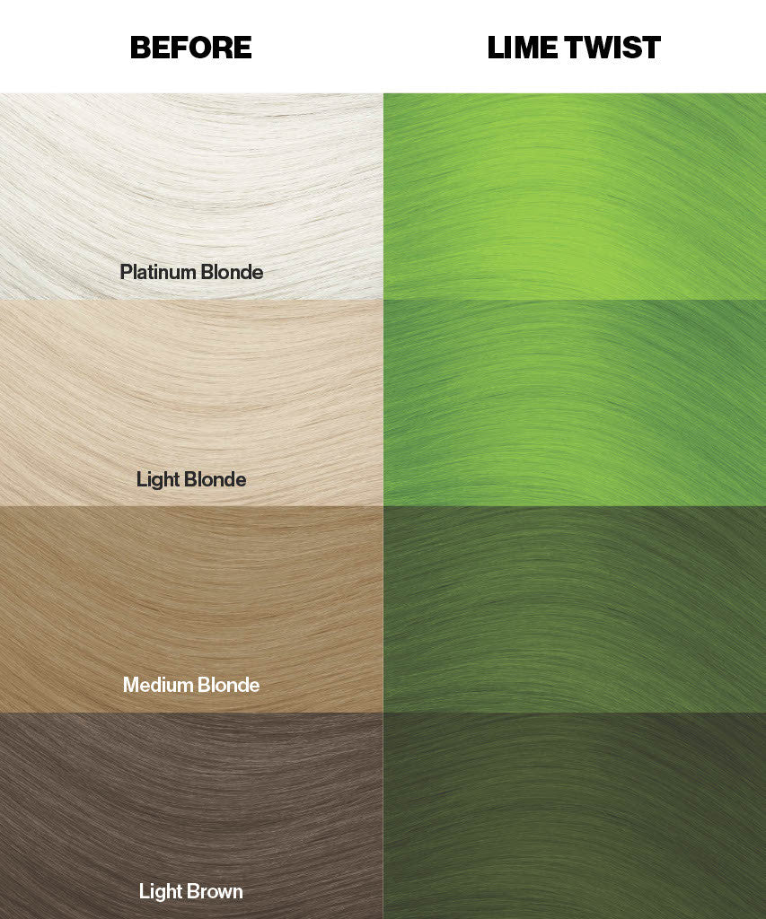 Crazy Color Lime Twist Color chart comparing different hair color shades with 'Lime Twist' highlighted by Afro Beauty Store